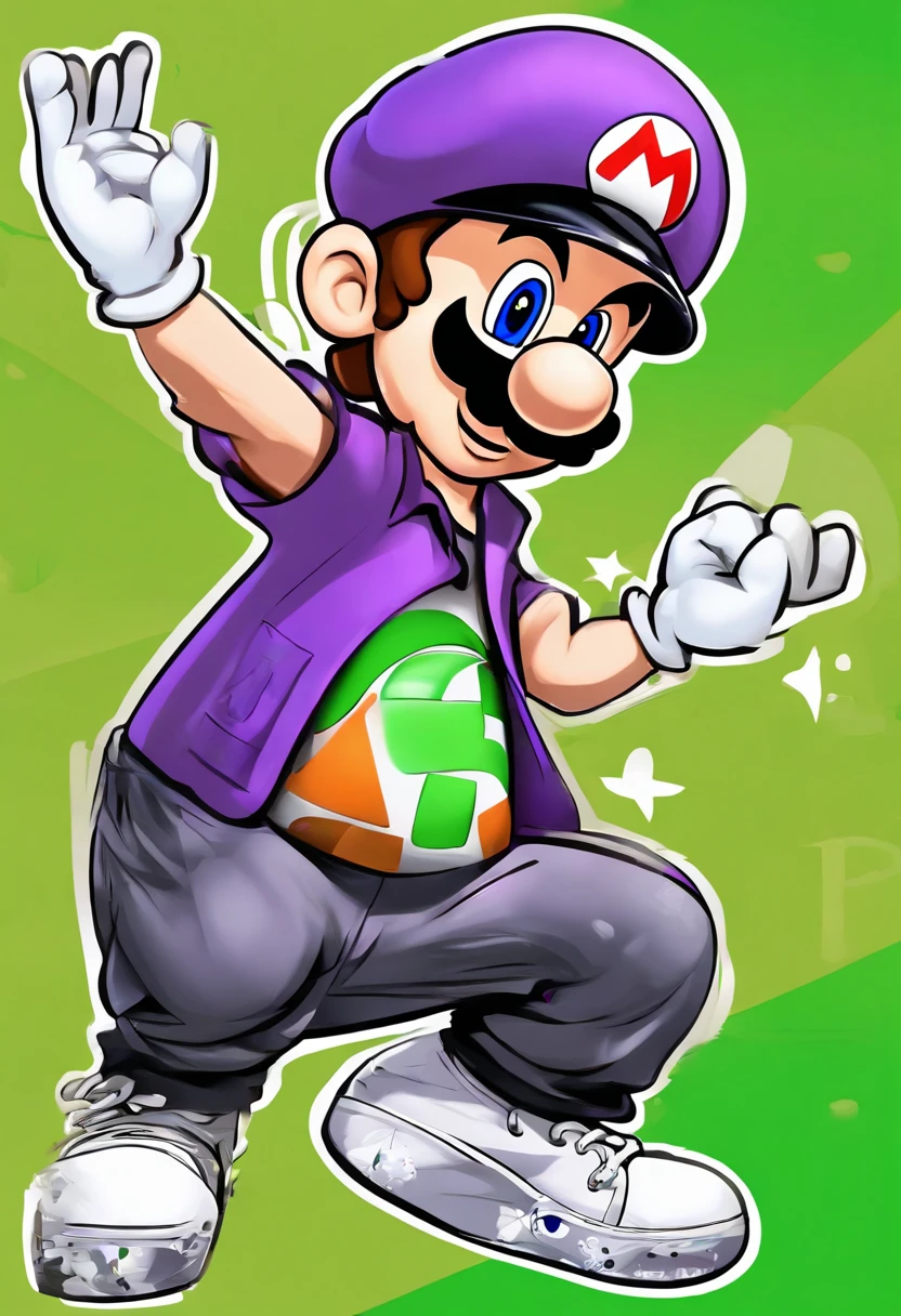 Make a Pixar-style poster. The character is a young white man, with his hand making a rock in roll symbol, and a tattooed arm, he has a black goatee and mustache, a straight brim cap, new era style, with the letter P in light green and a large hip style shirt. hop, with a touch of paint. in the print, purple and green, wide black hip hop style pants, white sneakers. graffiti background, colorful, written,PLUTO.