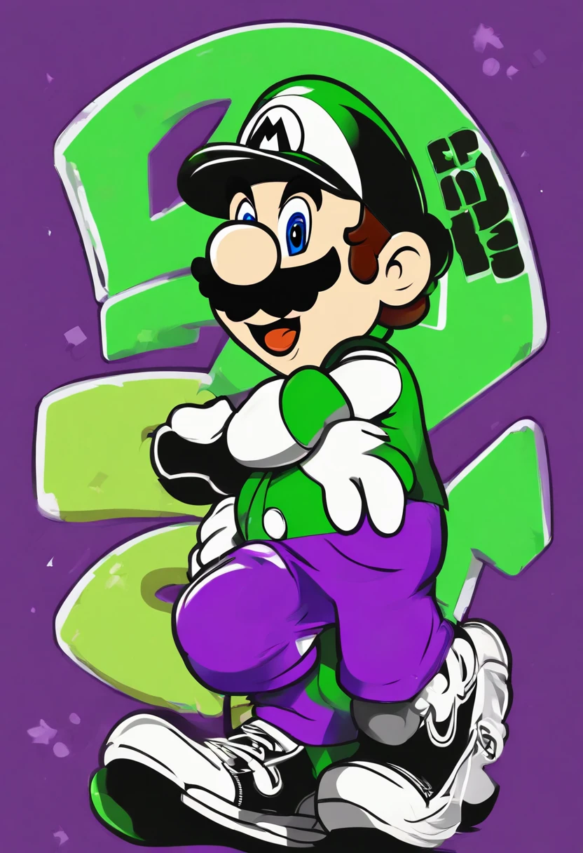 Make a Pixar-style poster. The character is a young white man, with his hand making a rock in roll symbol, and a tattooed arm, he has a black goatee and mustache, a straight brim cap, new era style, with the letter P in light green and a large hip style shirt. hop, with a touch of paint. in the print, purple and green, wide black hip hop style pants, white sneakers. graffiti background, colorful, written,PLUTO.