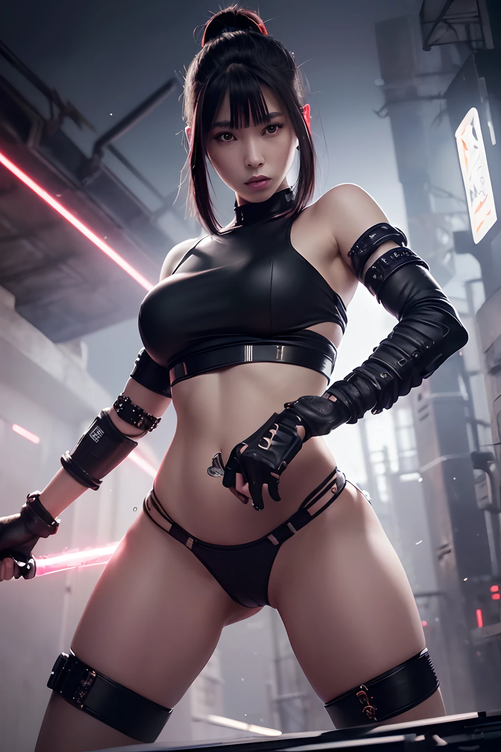 a futuristic female warrior holding a katana, (finely detailed skin), pale skin, (in a deep neckline highly detailed sexy futuristic cyberpunk black crop top and underpants made of circuit boards, japanese words with a flare effect, beautiful epic composition, futuristic, masterpiece, appealing, posing for a photo, action stance