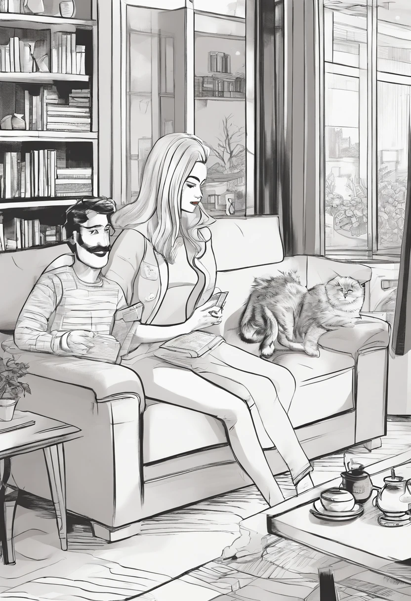 Ordinary 35 Year Old Woman Slightly Round Bowl Cup Dressed in a Turtleneck, Sitting on a couch with a black and white cat. Drawn in a black-and-white graphic novel style