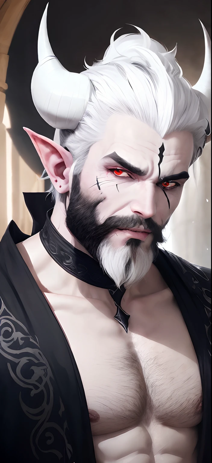 A man with a black and white face and a beard, Male demon with white horns, male vampire of clan banu haqim, Detailed matte fantasy portrait, fantasy male portrait, Genie Demon Man, epic fantasy digital art style, epic fantasy art portrait, male djinn man demon hybrid, Dark, But detailed digital art