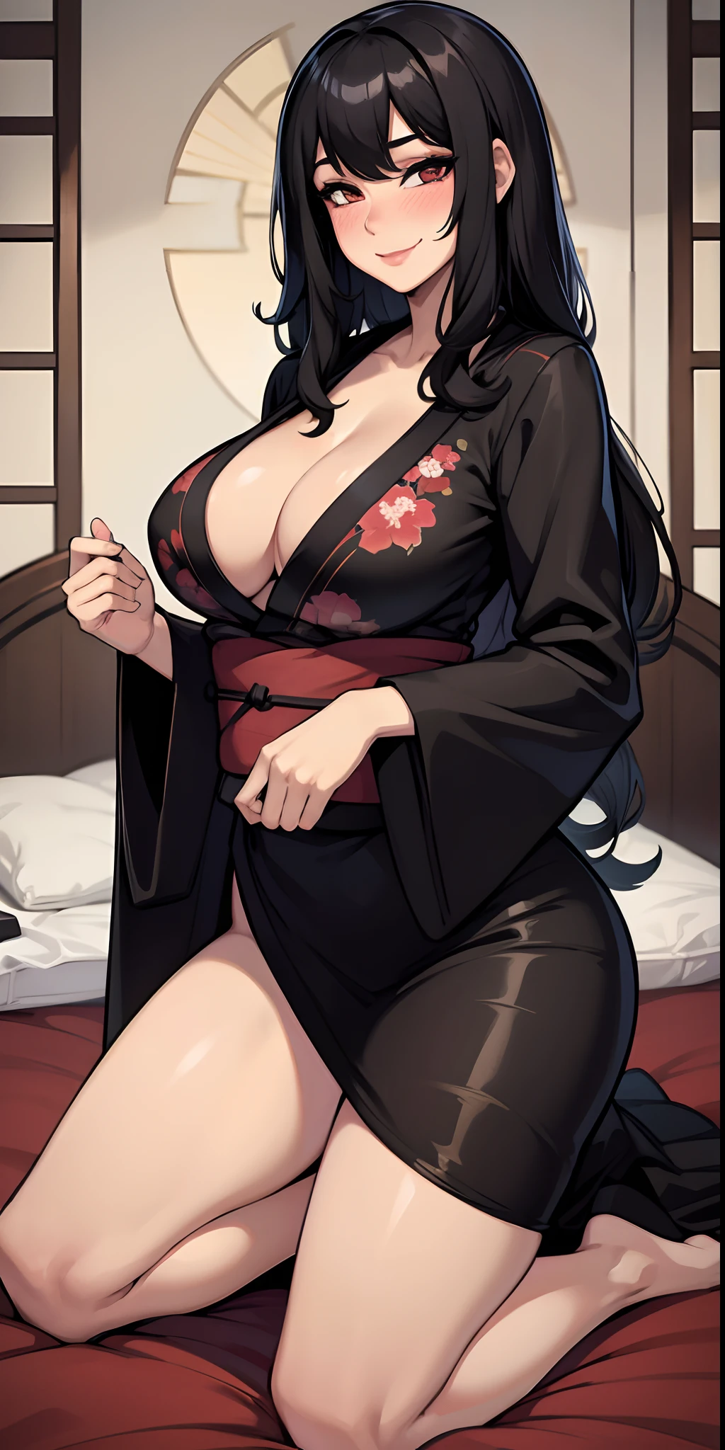 "MASTERPIECE" single female, long black hair, large chest, patterned kimono, kneeling on bed, smile, blushing, (SOLO), bare legs, cleavage, boobs