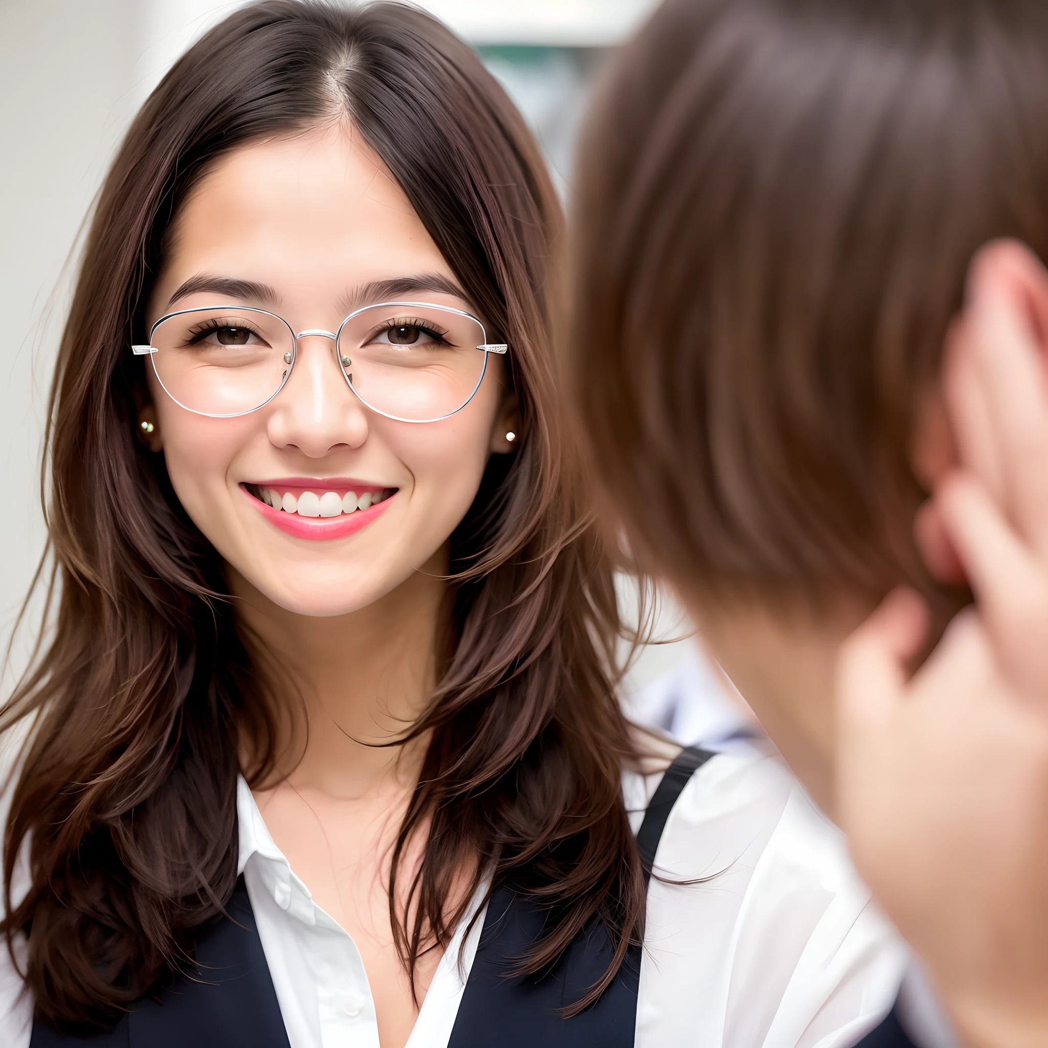 Create a half-bust photo of a white psychologist, de meia idade, sorrindo, usando oculos