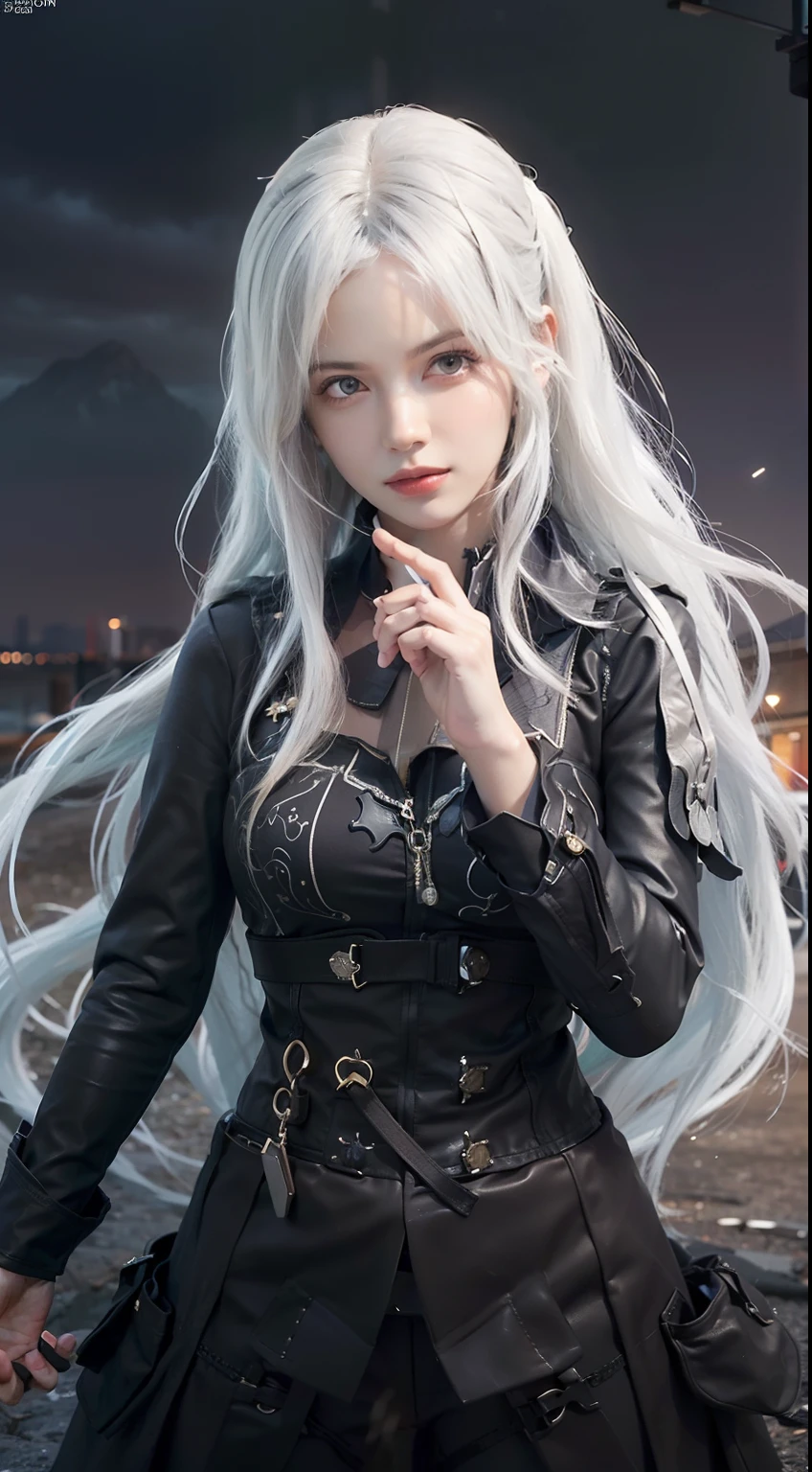 (front focus), (in the dark:1.6), Hyperrealist portrait of female, fantasy art, photo realistic, dynamic lighting, artstation, poster, volumetric lighting, very detailed faces, 4 k, award winning, 1girl, in the dark, deep shadow, low key, cowboy shot, (official clothing:1.4), long hair, white hair