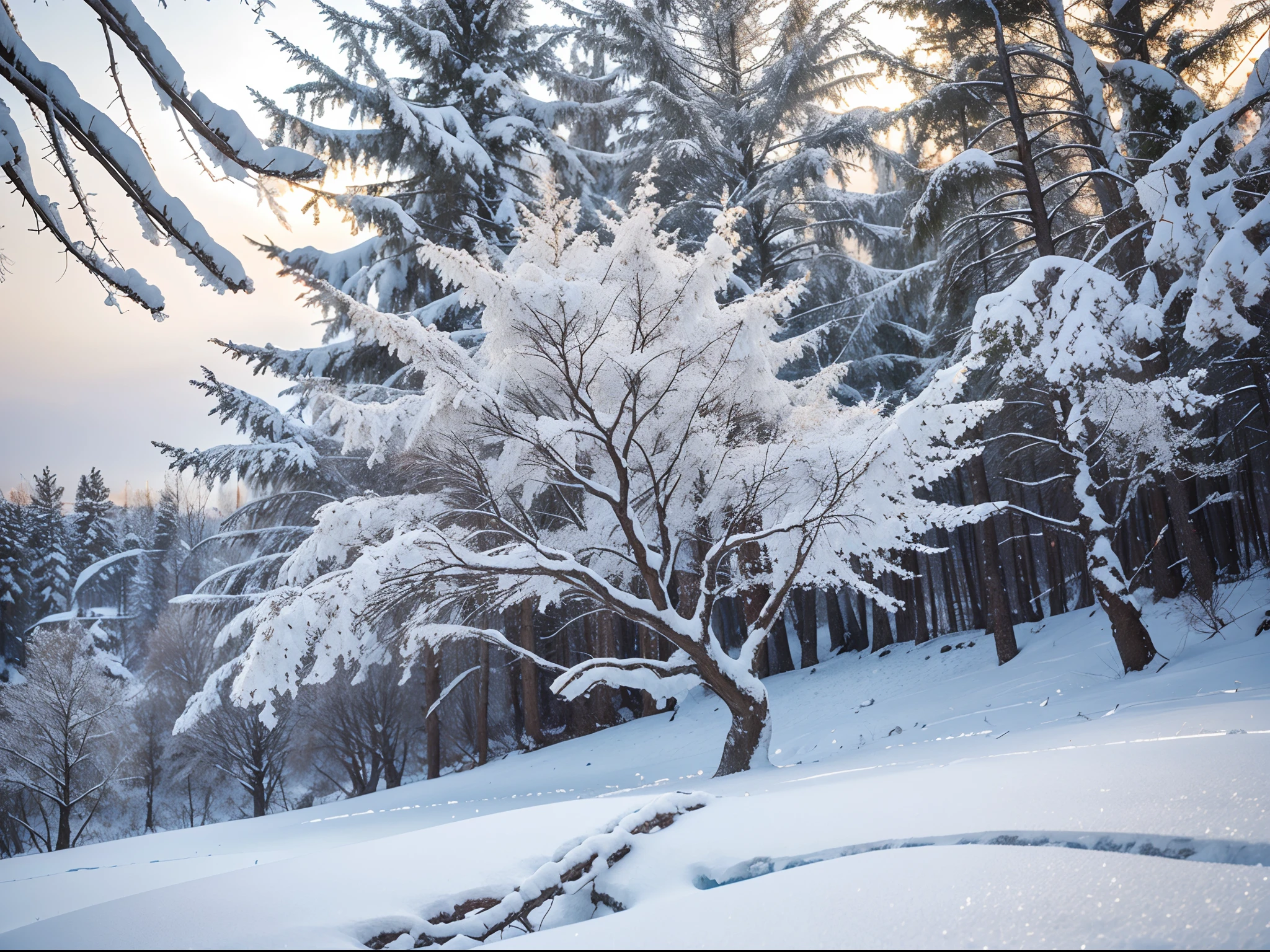 (masterpiece, best quality), best resolution, rime ice, frozen tree branches, snowy environment, winter