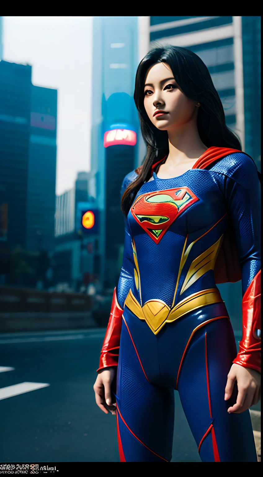 top-quality, masterpiece, (Photorealsitic:2), 超A high resolution, high-detail, A hyper-realistic, 1girl, japanese beautiful woman,realistic skin textures,Supergirl Suit, Superman Logo, A dark-haired, Slim body,full-shot, Standing Pose, frombelow, looking at the viewers, natta, 城市, Sateen, cyberpunk vibe, Dark Scene, dark ambiance, Bright neon, foggy, cloudiness, lightning, 细致背景
