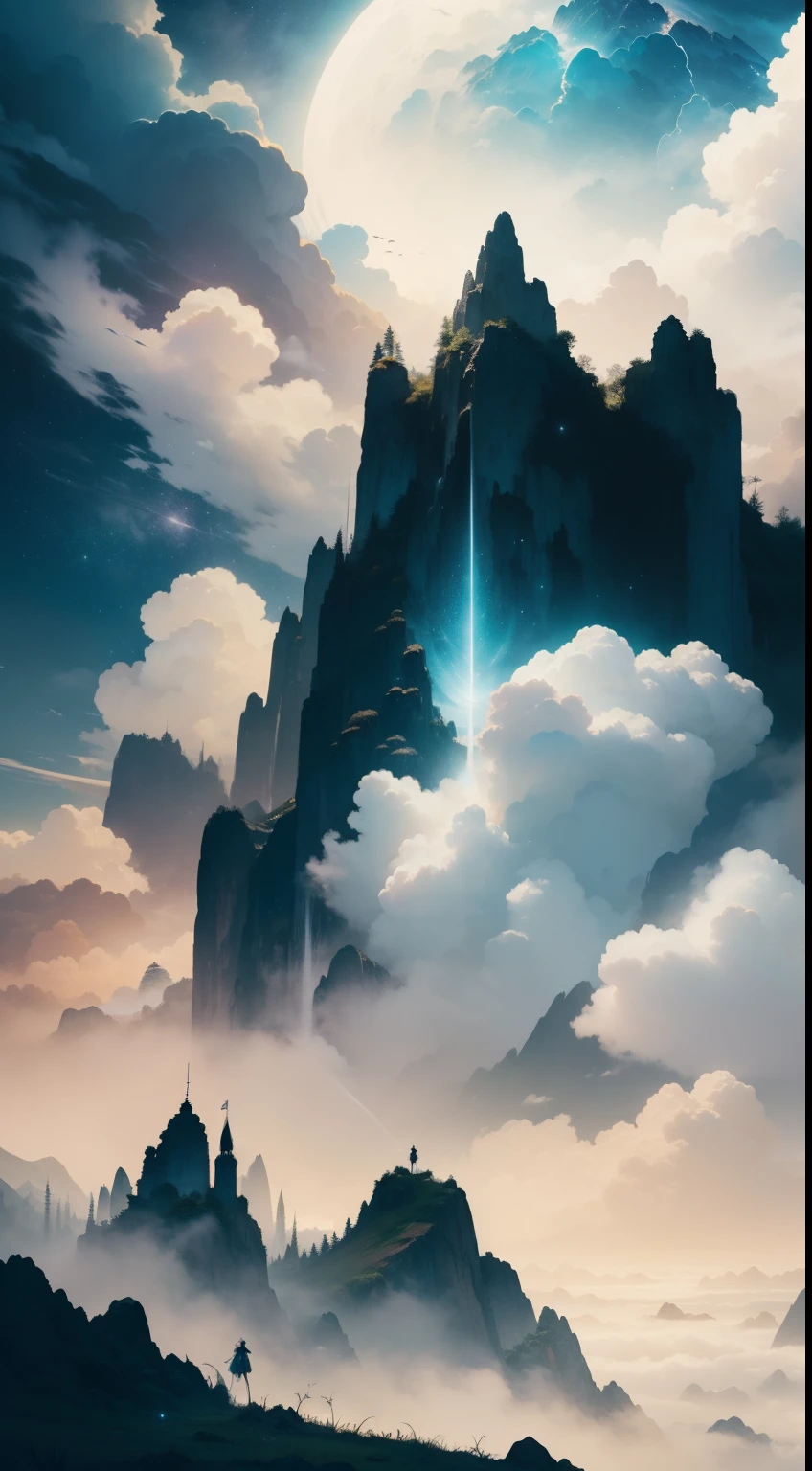 ((Precisar)), ((tmasterpiece)), (um detalhado), O foguete correu para as nuvens,Belas nuvens fofas envolvem o foguete, (fantasy illustrations:1.3), mysterious sky,Endless starry sky, hiper-detalhado,Extremamente detalhado e bonito, Estilo de fantasia de arte surrealista,Epic digital fantasy art style,Noite de Lua, cor pastel, (Detailed Cloud View:1.3),