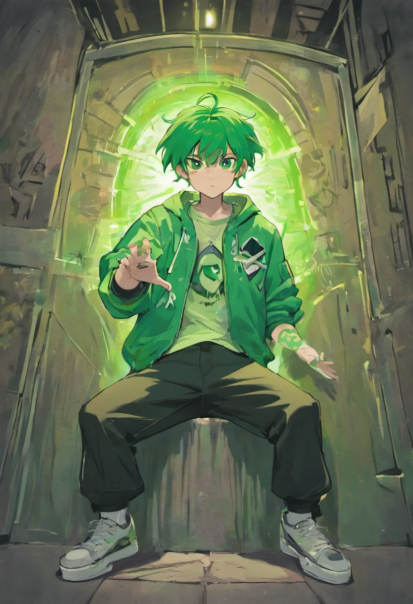 Make a Pixar-style poster. The character is a young white man, with his hand making a rock in roll symbol, and a tattooed arm, he has a black goatee and mustache, a straight brim cap, new era style, with the letter P in light green and a large hip style shirt. hop, with a touch of paint. in the print, purple and green, wide black hip hop style pants, white sneakers. graffiti background, colorful, written,PLUTO.