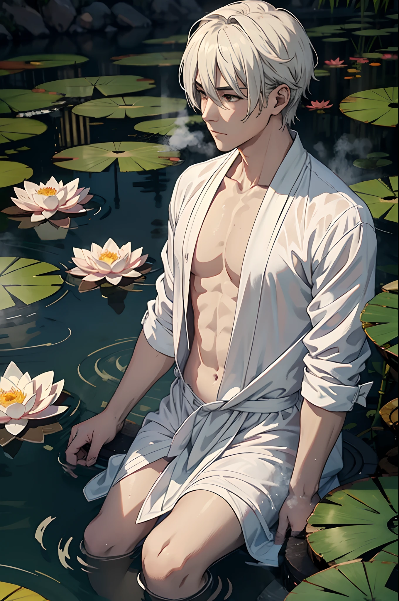 anime adult man, white silk robe, hot springs, dense steam, steam around, lotuses in water