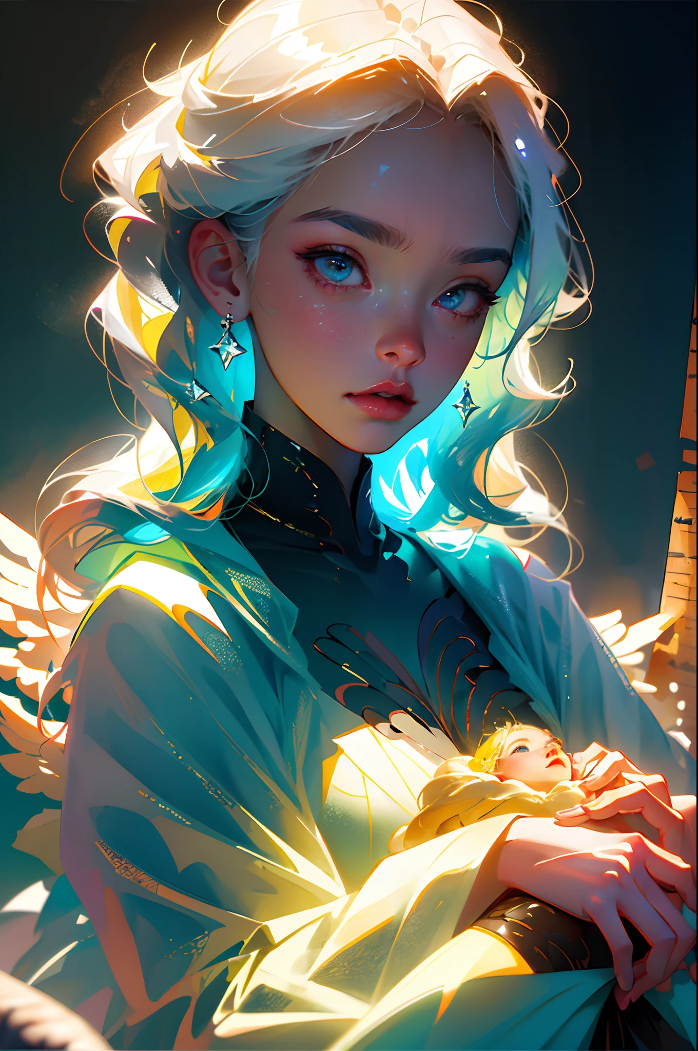(8k, RAW photo, best quality, masterpiece: 1.2), (realistic, photorealistic: 1.37), ((best quality)), ultra high resolution, extremely detailed 8k CG wallpaper, physics-based rendering, cinematic lighting, full body, (bokeh: 1.4), ((((1girl))), (oval face), closed face
White-haired girl with multicolored shines, surrounded by a golden, heavenly, beautiful, bright aura,
