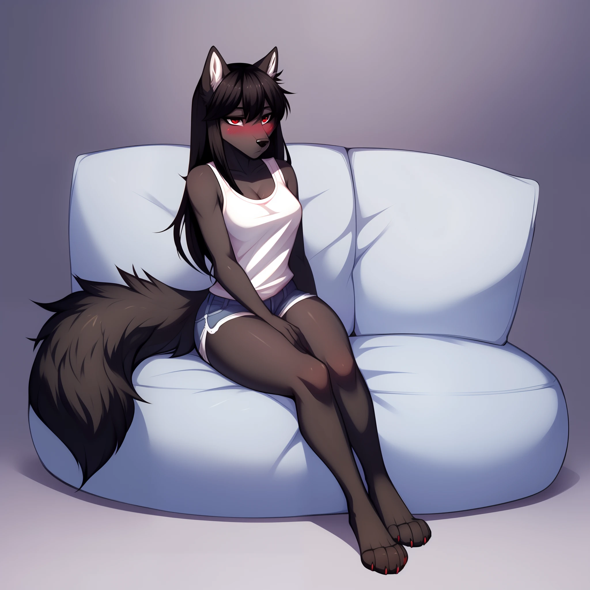 furry girl, wolf, black hair, punk hairstyle, long spiky ponytail, anime style, small breasts, red eyes, ((black hoodie jacket, open clothes, black bikini, black skirt, princess tiara)), high quality, detailed body, detailed eyes, detailed face, masterpiece, glistening body, detailed body fur, best quality, two tone body, gray fur, clear gray fur, perfect lighting, perfect shadows, perfect eyes, perfect hair, perfect face, gorgeous body, aeghao, tongue out, full body, feets whit three toes, laying on table, spread legs, pussy, pussy juice, gangbang, big penis, furry boy, 