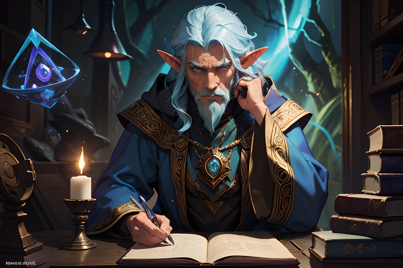 There was a man sitting at a table writing a book, an arcane wizard casting a spell, portrait of a mage, portrait of a forest mage, wizard sits reading at a desk, rpg book portrait, portrait of a young elf wizard, portrait of merlin, mohrbacher, hearthstone official splash art, A portrait of a wizard, old male archmage