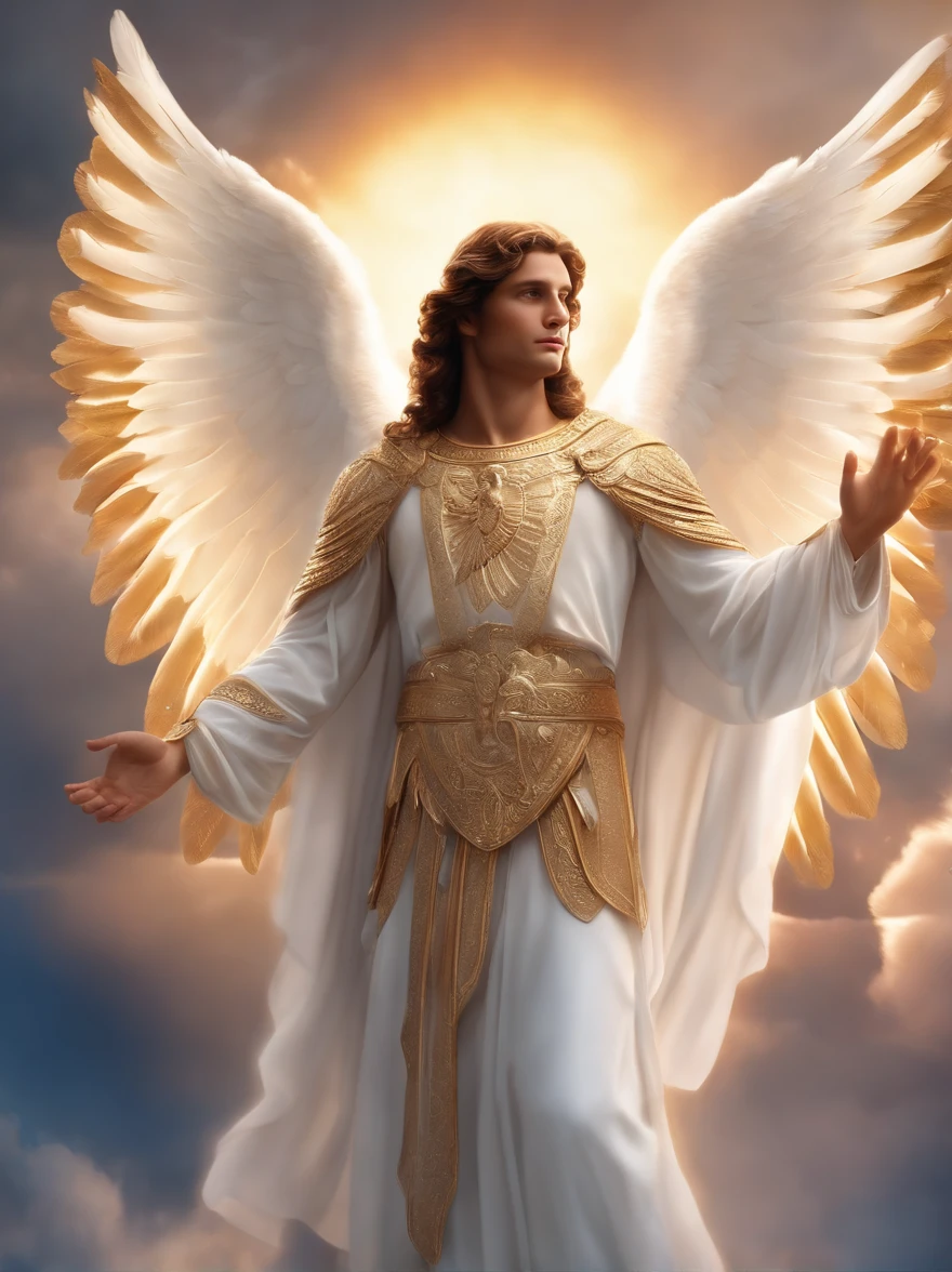 um personagem masculino, o anjo Aroch, tocando um chofar imagem do corpo inteiro do anjo, Imagem celeste, hands with 5 well-defined fingers, detalhes intrincados, Realistic, Rosa e asas grandes, Angelic background, Catholic illustrative image of the Angel Aroch, Male character of the Bible, Angel Aroch is wearing his angelic armor, cosmic background, Illumination in the Archangel and in the background, Maximum detail and his angelic face and wings, Pele perfeita realista, Maximum image quality, Angel Aroch he is highlighted in the image with strong and flashy colors.