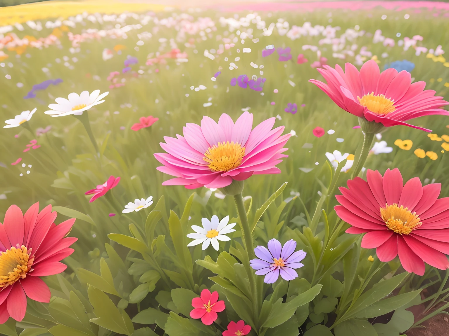 (Top image quality, in 8K, ​masterpiece, The ultra-detailliert),There are many colorful flowers blooming in the fields, Miniature Cosmos, Colorful wildflowers, Beautiful flowers grow, Flower meadow, Beautiful flowers, Field of mixed flowers, an aesthetic field of flowers