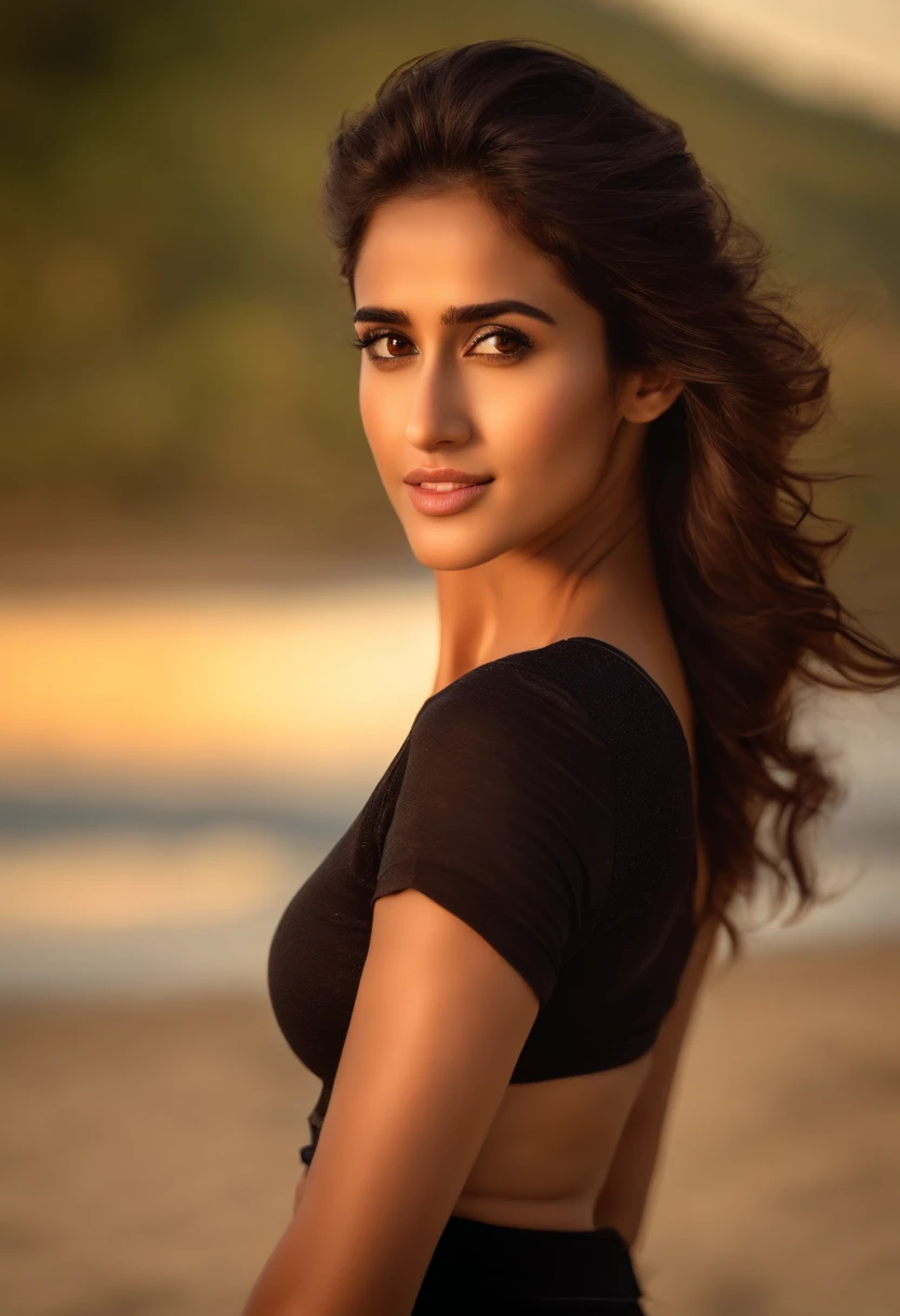(highres,best quality,photo-realistic:1.37),sexy girl in black bra,detailed portrait of Disha Patani,at scenic beach,under sunset lighting,with soft golden hues,subtle bokeh effect,sensual pose of Disha,showcasing her beautiful face,attractive eyes,gorgeous lips and captivating expression,vivid colors,enchanting atmosphere,professional photography ,big boobs