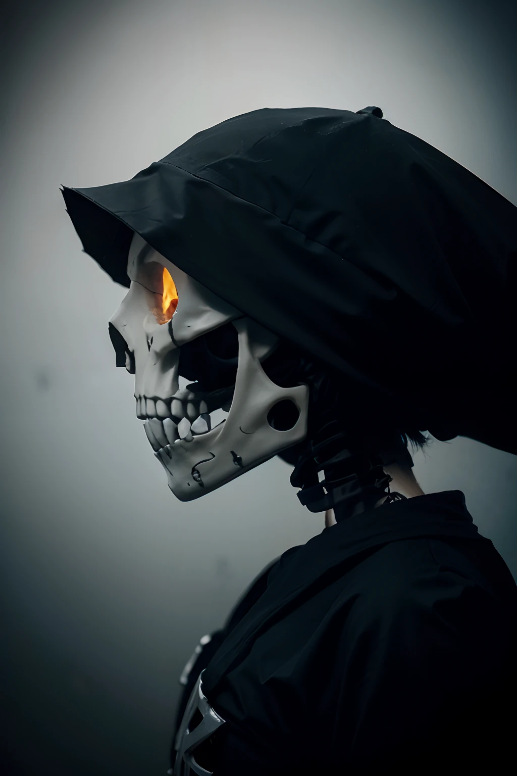 there is a cartoon skeleton with a long tail flying through the air, ((skull)), in style of cytus and deemo, the reaper as a scary, floating ghost, albedo from the anime overlord, unknown artstyle, ( ( ( skeleton ) ) ), hollow knight concept art, eerie and grim art style, profile picture 128px,doom trooper femenino cabello largo pelirrojo, mexicana blanca, traje color negro con gris, sin casco y una arma de fuego, cuerpo completo, escenario de fuego
