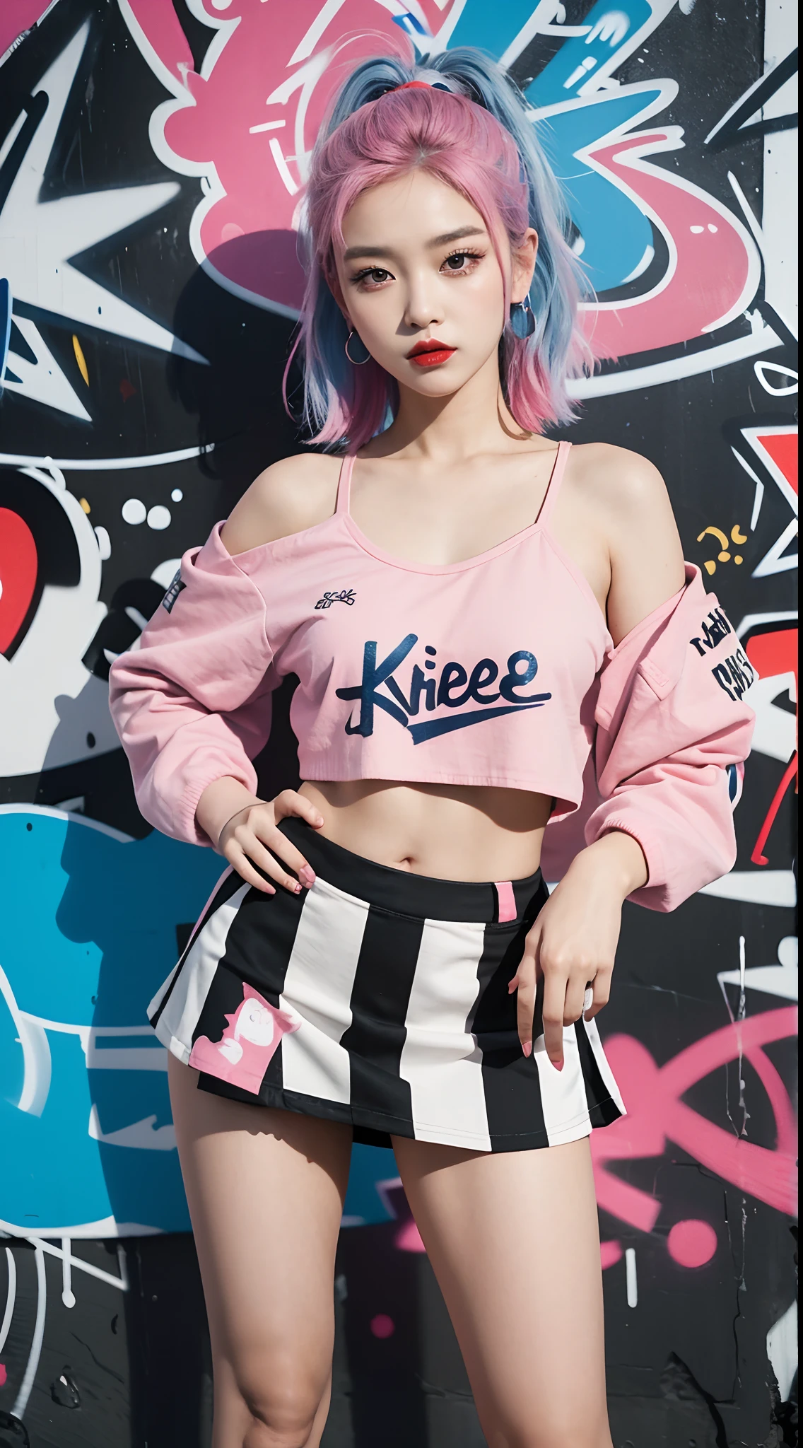 best quality, Clarity, 4k, 8k, detail, actual, Beautiful Girl, Korean makeup, Red lips, pink and blue hair, Perfect body, thigh, stand, pose standing, medium chest, Graffiti crop top, Checkered striped skirt, Solid graffiti wall background, Graffiti art, Graffiti on people,