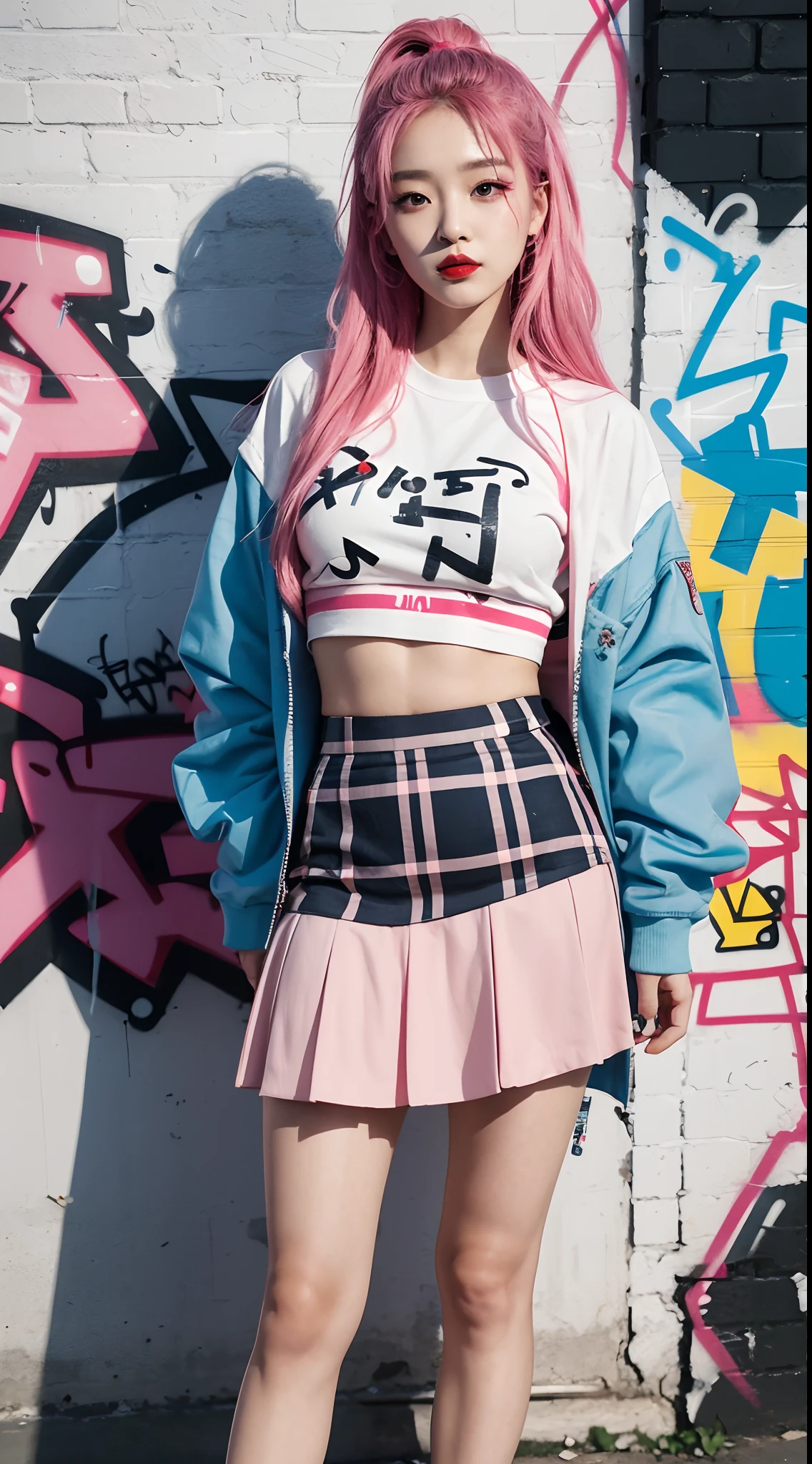 best quality, Clarity, 4k, 8k, detail, actual, Beautiful Girl, Korean makeup, Red lips, pink and blue hair, Perfect body, thigh, stand, pose standing, medium chest, Graffiti crop top, Checkered striped skirt, Solid graffiti wall background, Graffiti art, Graffiti on people,