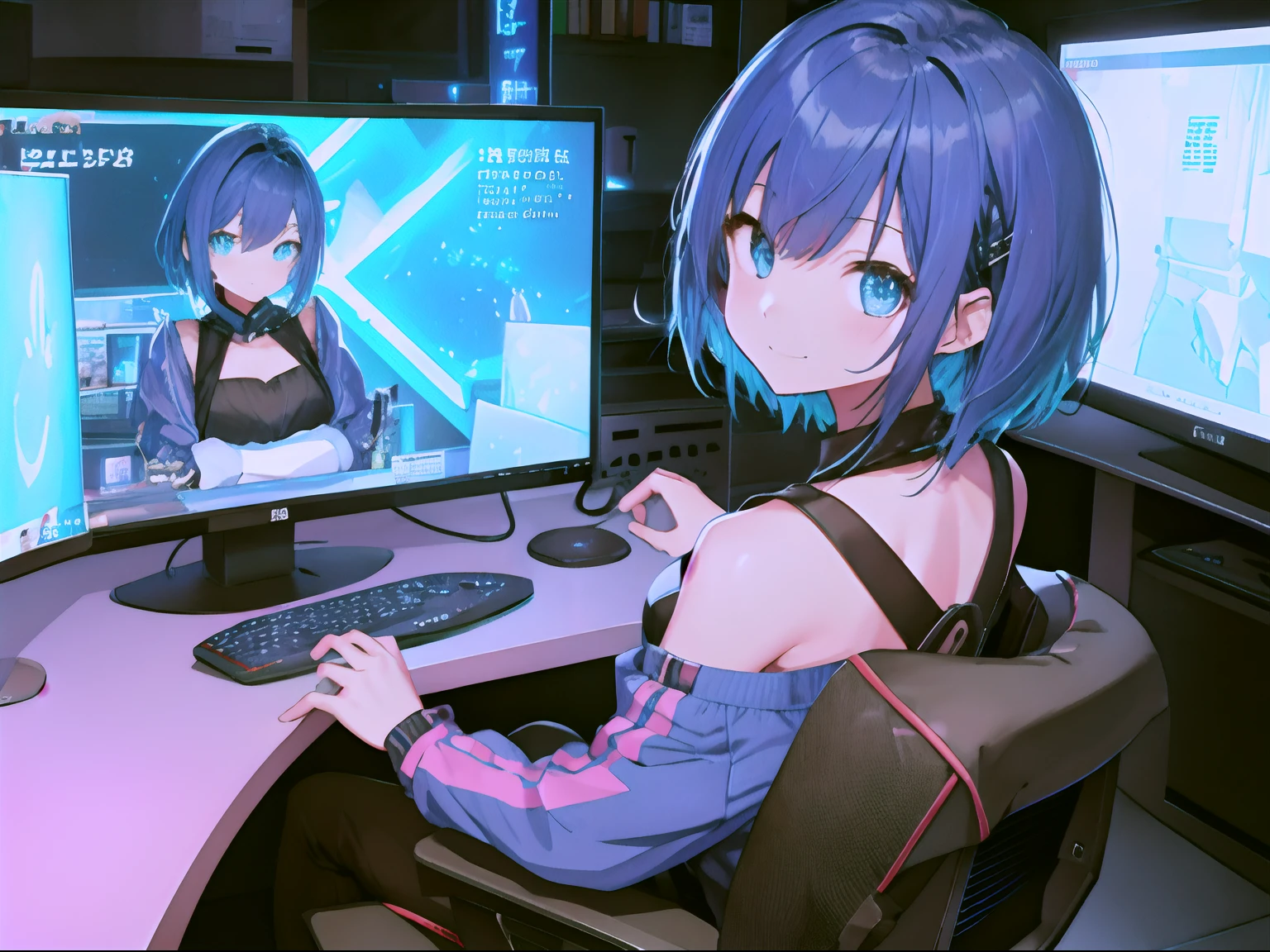 Dark room without windows、Neon lighting、Anime woman using desktop computer、((Use a gaming computer with a large screen))、18year old、Upper body, mid-shot,photographed from the back、A smile、Turned、 femele, Detailed eyes, (Beautiful woman doing commentary on the game、youtuber)), ,short-hair, Blue short bob hair, Bangs,Everyday clothes、Fashionable、Sit in a gaming chair