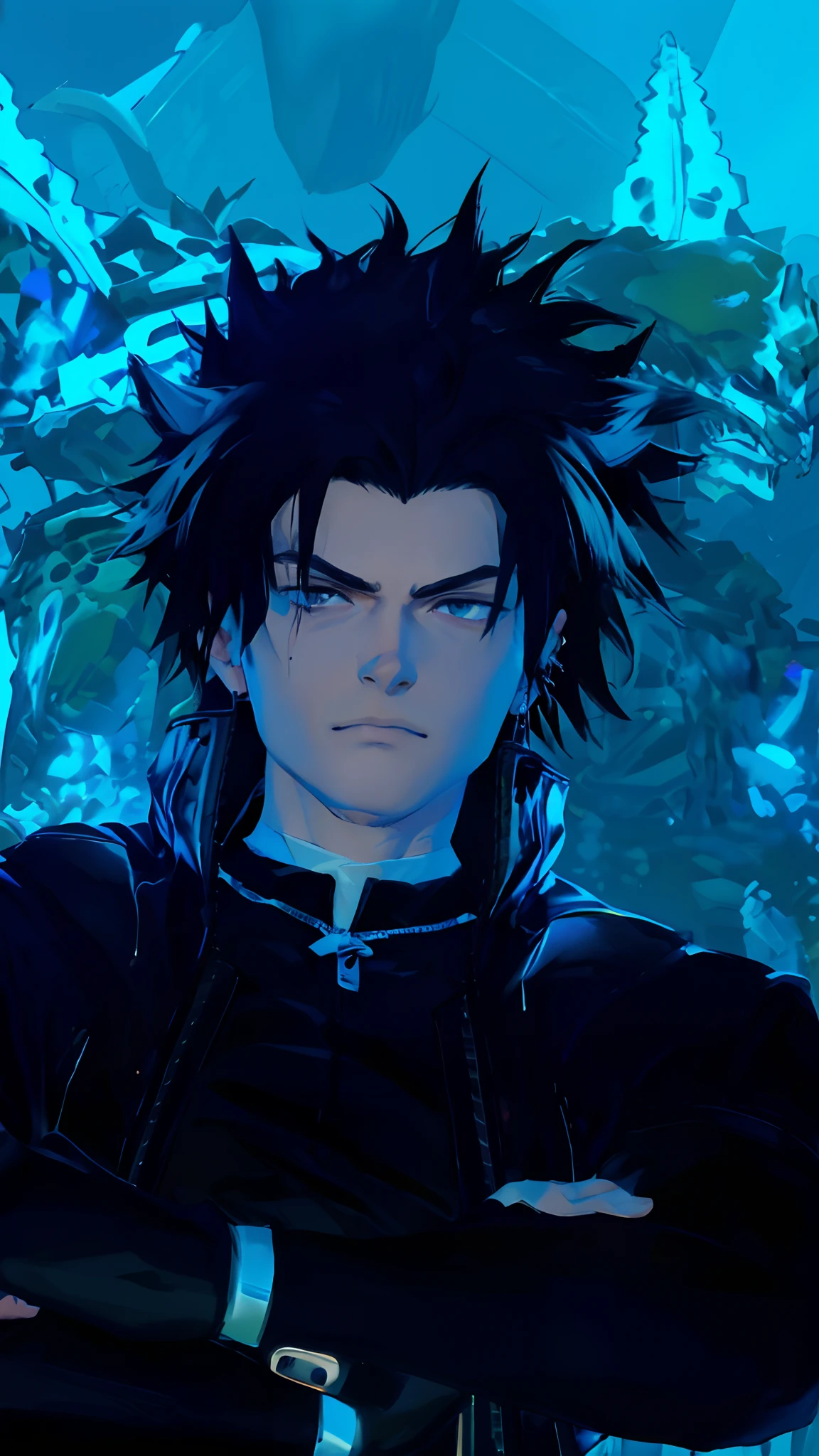 Young man, spiky hair, black hair, arms crossed, black jacket, nose piercing,