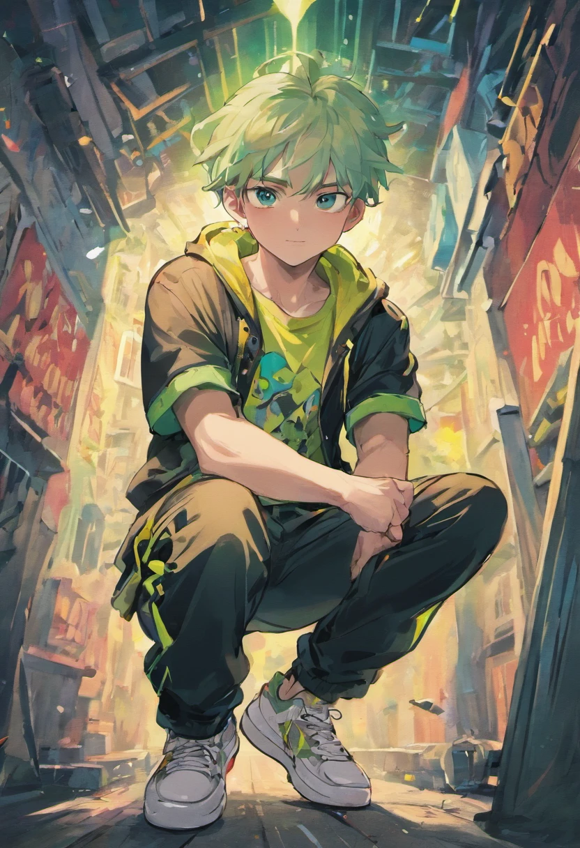 The character is a young white man, with his hand making a rock in roll symbol, and a tattooed arm, he has a black goatee and mustache, a straight brim cap, new era style, with the letter P in light green and a large hip style shirt. hop, with a touch of paint. in the print, purple and green, wide black hip hop style pants, white sneakers. graffiti background, colorful, written, cute, PLUTO.