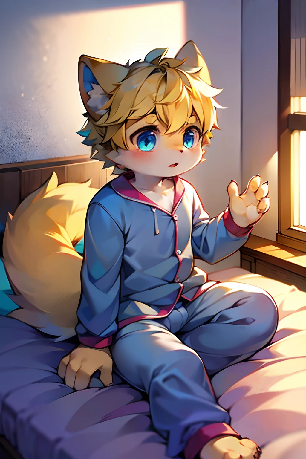 Blue pupils, Light yellow fluffy body, Light yellow furry tail, Boy cat,Exquisite wallpapers,Very cute,Light yellow hair,The popular style of the P station,One role solo,Light yellow cute fluffy little long legs,Shotai style,Blushlush,Exquisite pajamas and pajamas,get down on the bed,Milk is poured on the body