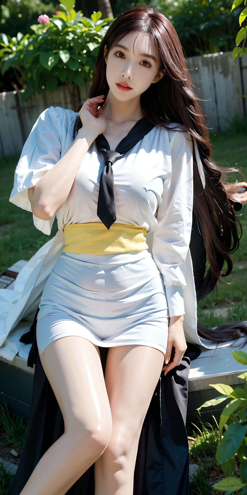 ((masterpiece、Highest quality、High resolution、Hmph、Pixel perfect、8K、Hmph、Hmph)))、1 Girl、single、alone、Beautiful woman、I could see the whole body、((Semi-long hair、bangs、Brown Hair))、((Brown eyes、Beautiful eyelashes、Realistic eyes))、((Detailed face、blush:1.2))、((Smooth texture:0.75、Realistic texture:0.65、Realistic:1.1、Anime CG Style))、Big and ample breasts、Dynamic Angle、Perfect body、((Made in the UK、White ruffled maid headband、Frilled blouse、Ribbon tie、apron、Navy blue knee-high socks、High heels))、Luxury hotel stairs、Angle looking up from the bottom of the stairs、Very embarrassed、Panic Smile、looked back、Leaning forward、((The wind blew up her skirt, exposing her buttocks.....................、Recall、Touch your buttocks with both hands、Silk lace panties、Shiny thighs))