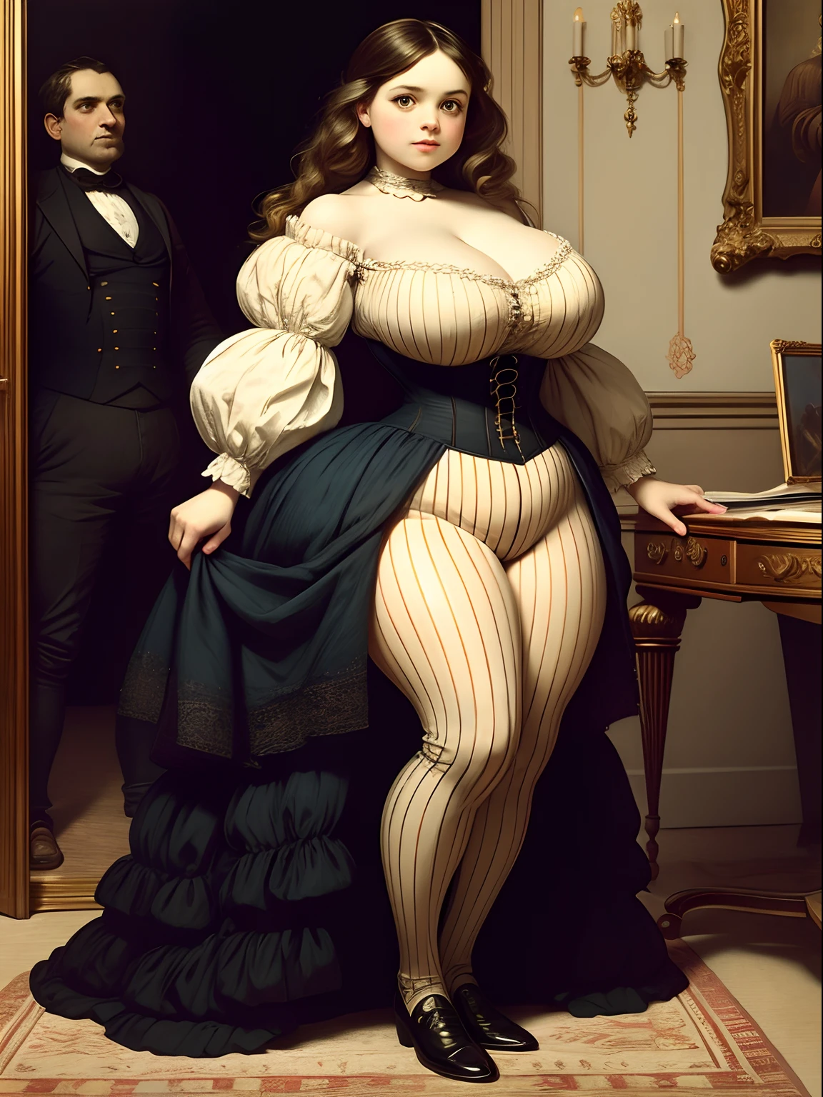 European court, art, portraiture, Victorian style, plump girl, big breasts, striped corset, petticoat, full body photo, elegant, classical, [Batting girl]_body, cute, young girl