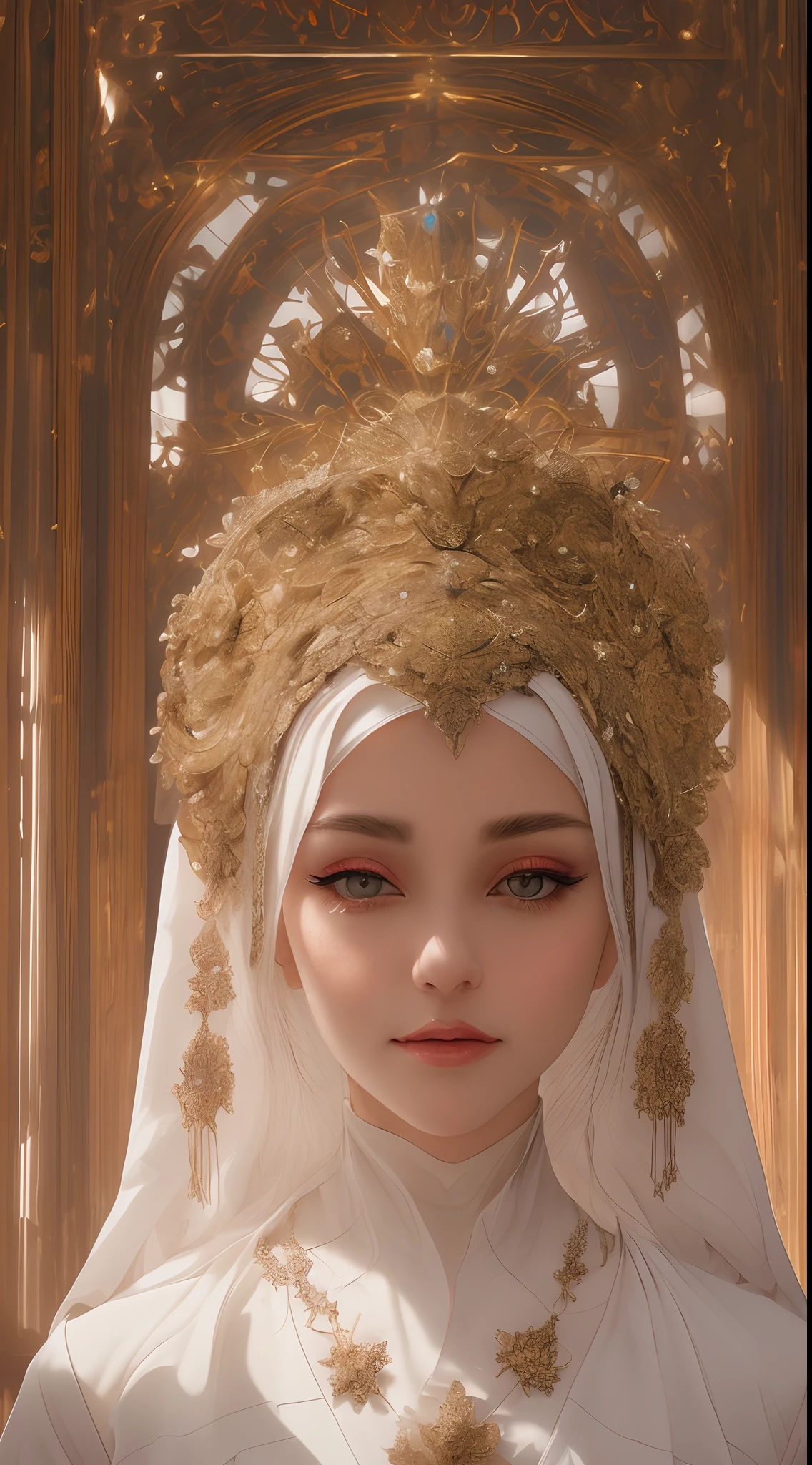 Dynamic portrait of a beautiful Saintess/priestess/nun covered in floral crystal jewels filigree, wearing a nun outfit,bold and majestic look, hyperrealism, hyperdetailed, gradient lightings, gradient crystals, beautiful and innocent face, majestic appearance and environment , sharp focus, high detail, majestic photograph, Trending on CGSociety, Artstation