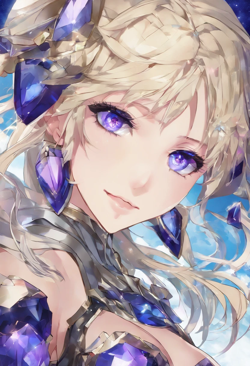 anime big breast，femele，Long blonde slightly curly hair，Purple eye，Dark blue crystal drop earrings，Starry gray paladin armor