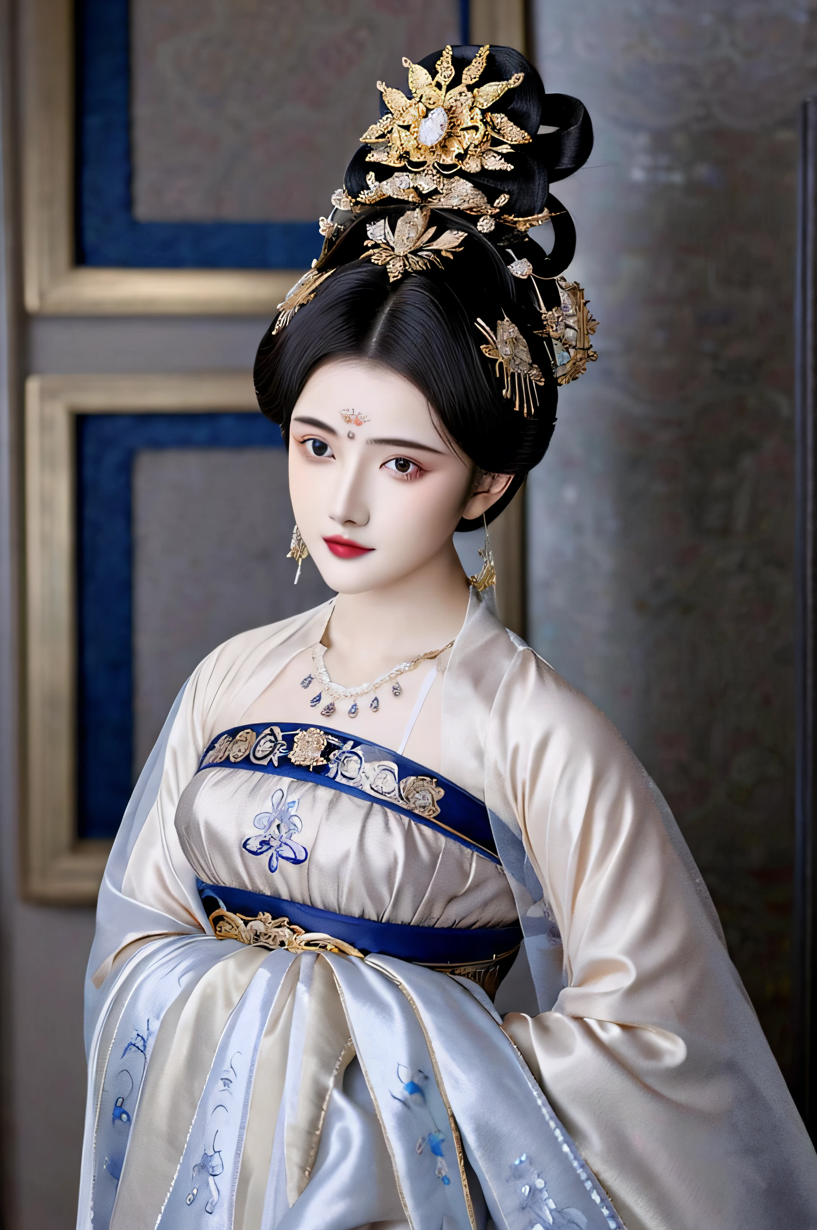 1girl, solo, masterpiece, extremely detailed gorgeous metal style, hair1yunbing, short hair, hair bun, big hair, hair up, updo, detailed eyes, Metal crown with ornate stripes, floating hair, detailed face, Clothes made of silver, Clothes with gold lace, ,