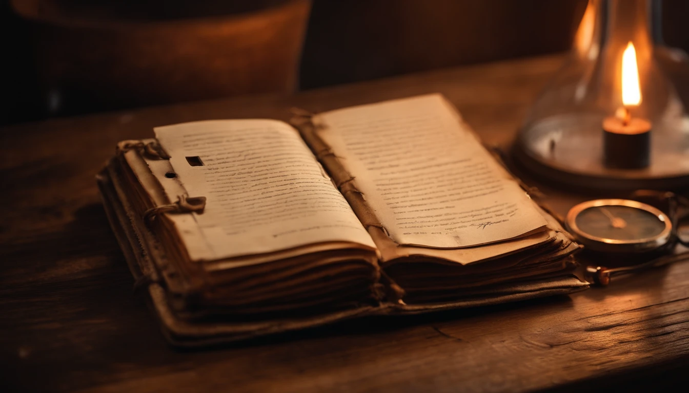 an old book with red writing, blood stained pages and torn pages, there is a small candle on the table. The book is open on a dark wooden table, the place is poorly lit