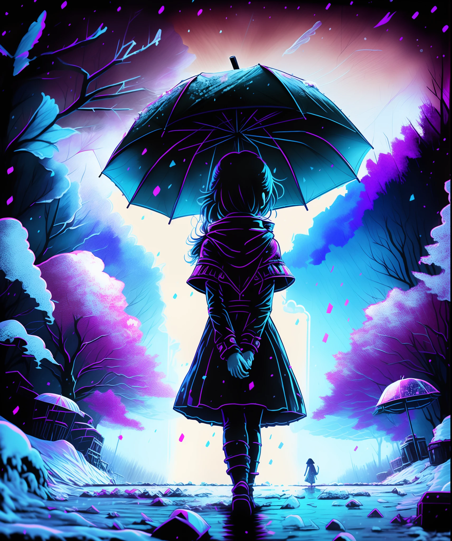 In a devastated world, a girl holding an umbrella in the midst of falling snow