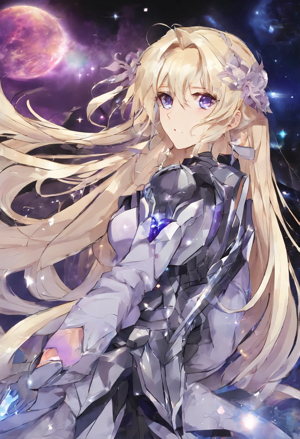 Long blond hair with slightly curly hair，Single ponytail，Purple eye，Dark blue crystal drop earrings，Starry gray paladin armor