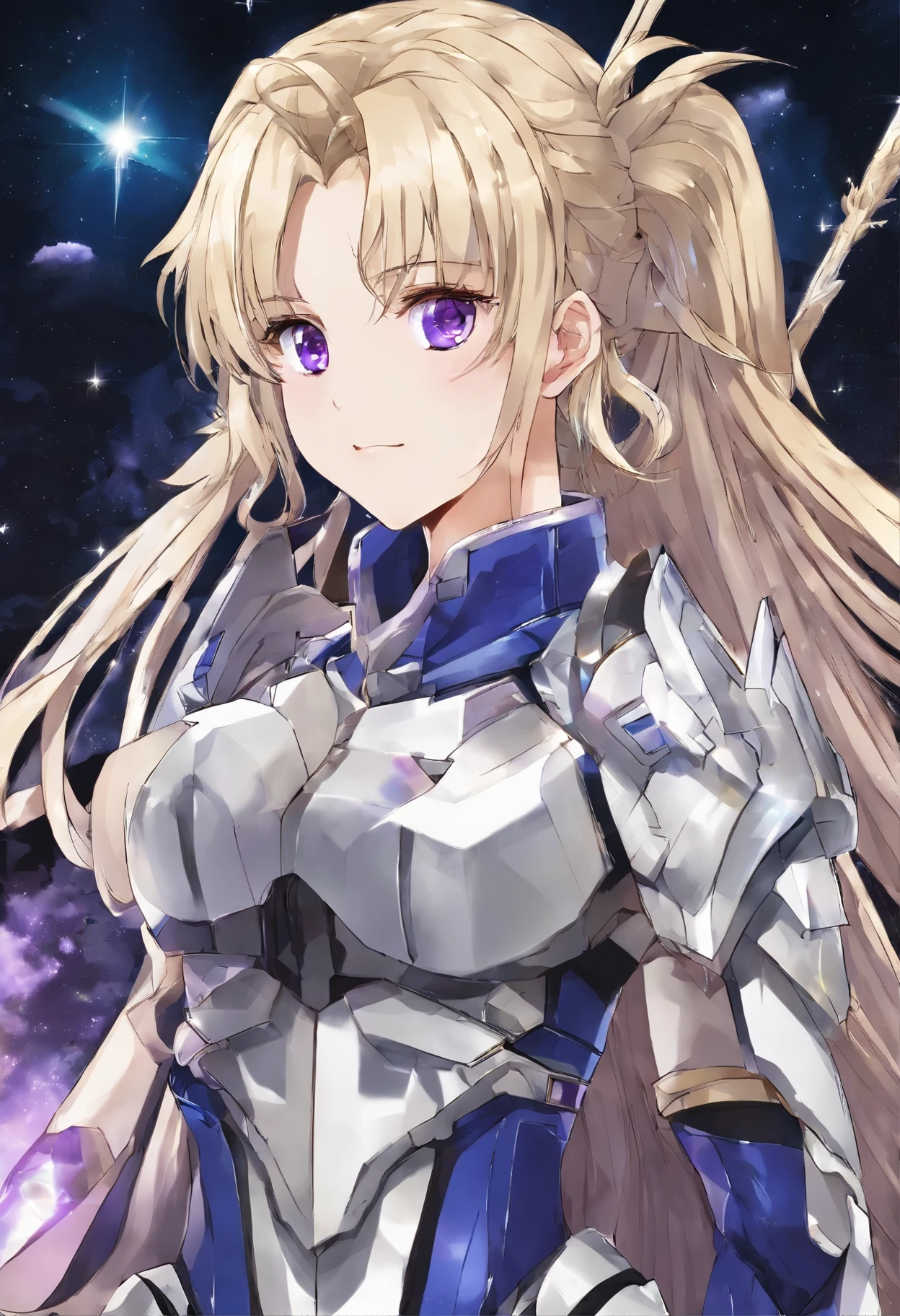 Long blond hair with slightly curly hair,Single ponytail,Purple eye,Dark blue crystal drop earrings,Starry gray paladin armor