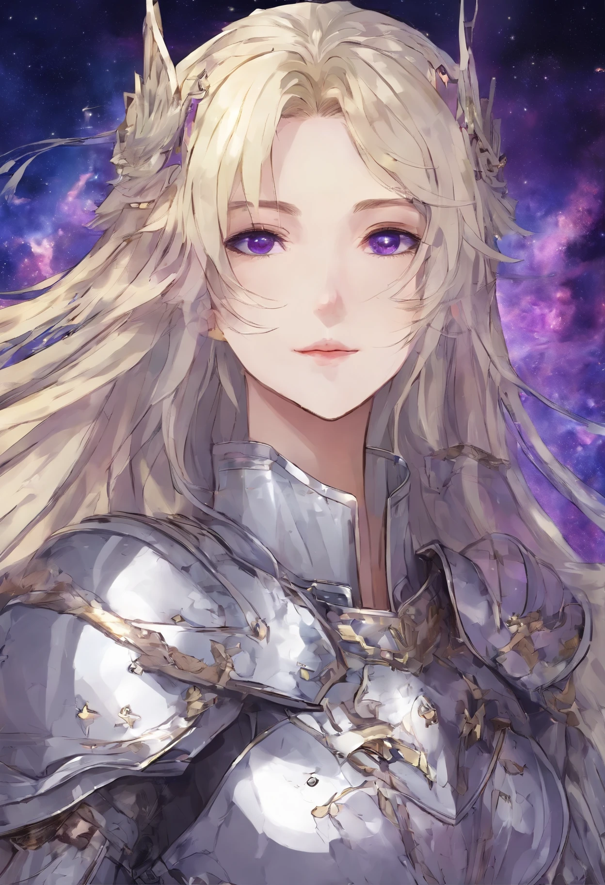 Long blond hair with slightly curly hair,Single ponytail,Purple eye,Medieval knight's armor in starry gray sky