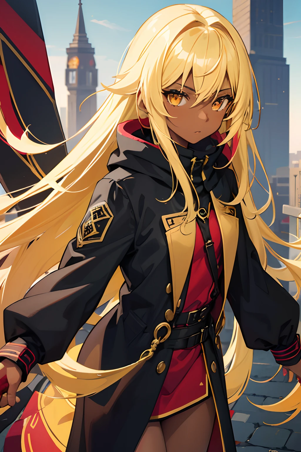 1 Girl, Dark Skinned, Golden eyes, Opaque yellow Hair, Black overcoat with (((Red))) accents, Nomad, Chief Guard of academy,