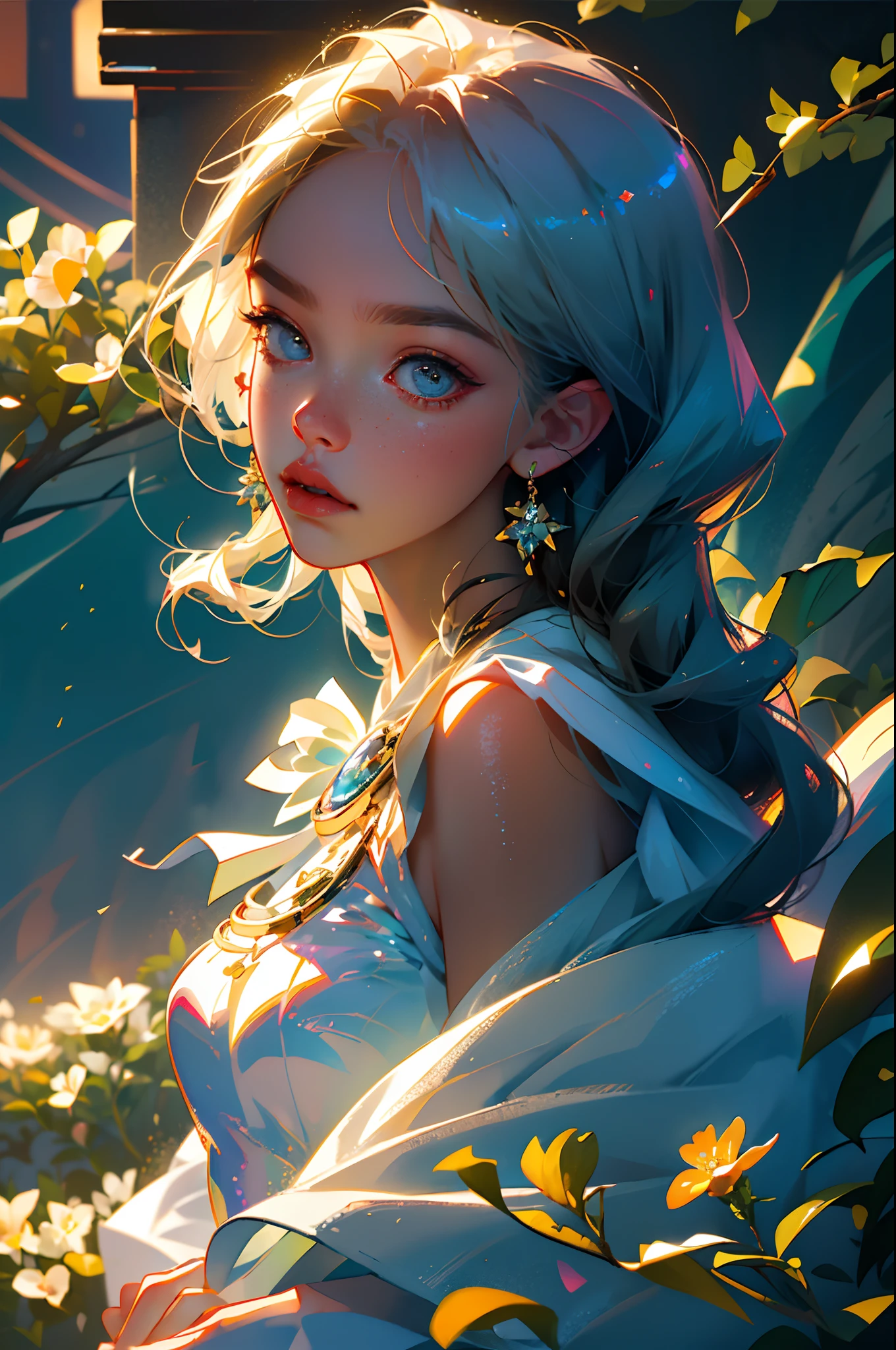 (best quality, masterpiece), 1girl, pose, particle, wind, flower, upper body, sky background, looking at the viewer, focus on the face, blonde, superior beauty, beautiful woman, celestial beauty, sunny weather, colorful flowers, spectacular scenery. --auto