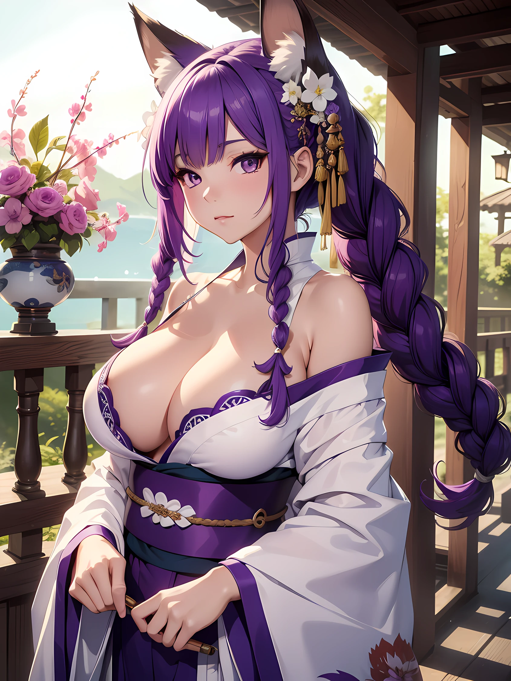 absurd, 8K, high resolution, ultra-detailed, beautiful, masterpiece, best quality, very pretty, sexy white kimono, detailed woman's face, very attractive, (very large breasts:1.3), fox ears, 9 tailed fox, purple hair, a long one braided pigtail,