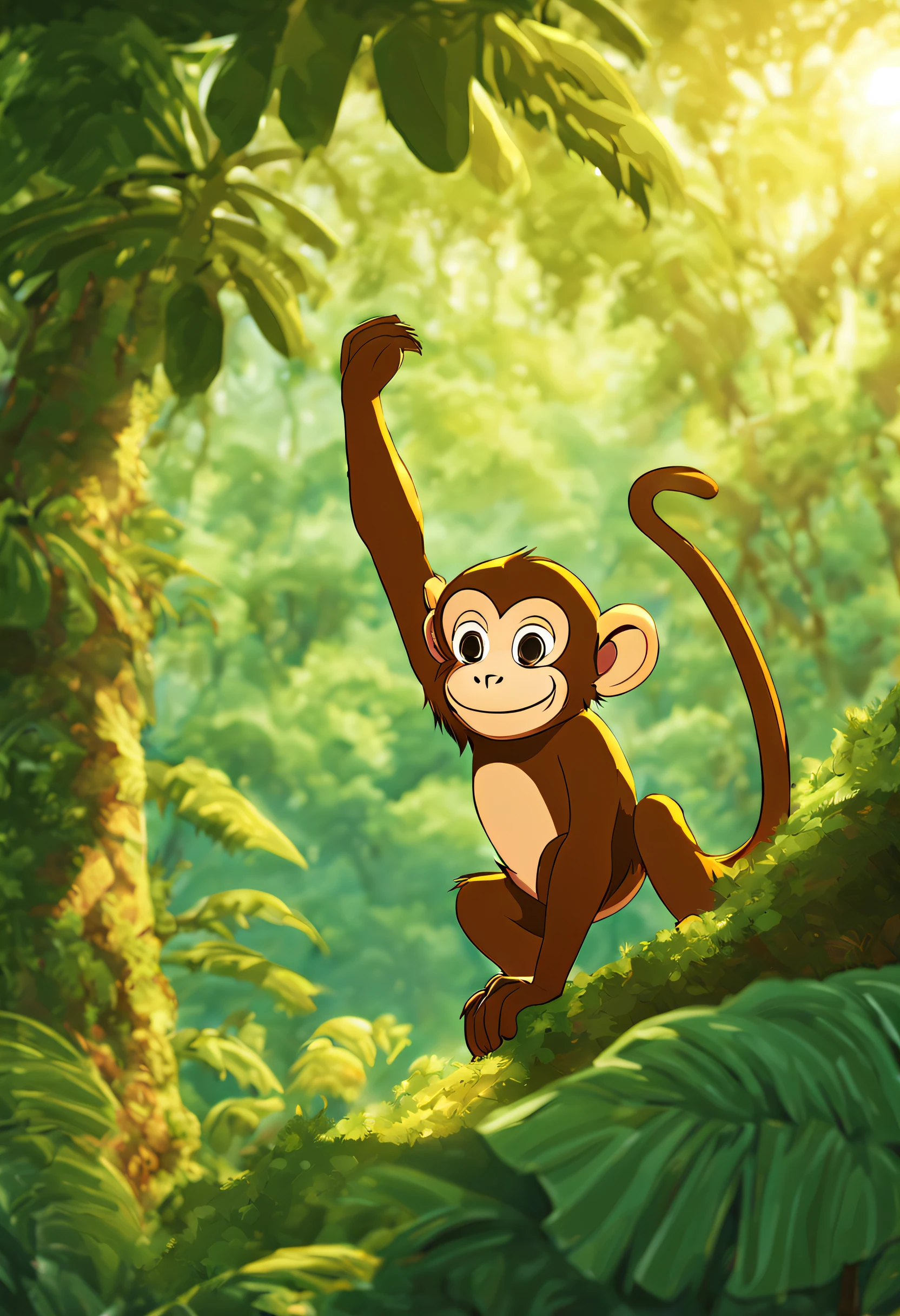 In a peaceful forest, A lush, The sun has just risen, Illuminates every corner of the jungle。A monkey is happily jumping in a tree, Suddenly, it heard a mysterious voice in the distance。Look into the distance, Cartoon anime, UHD