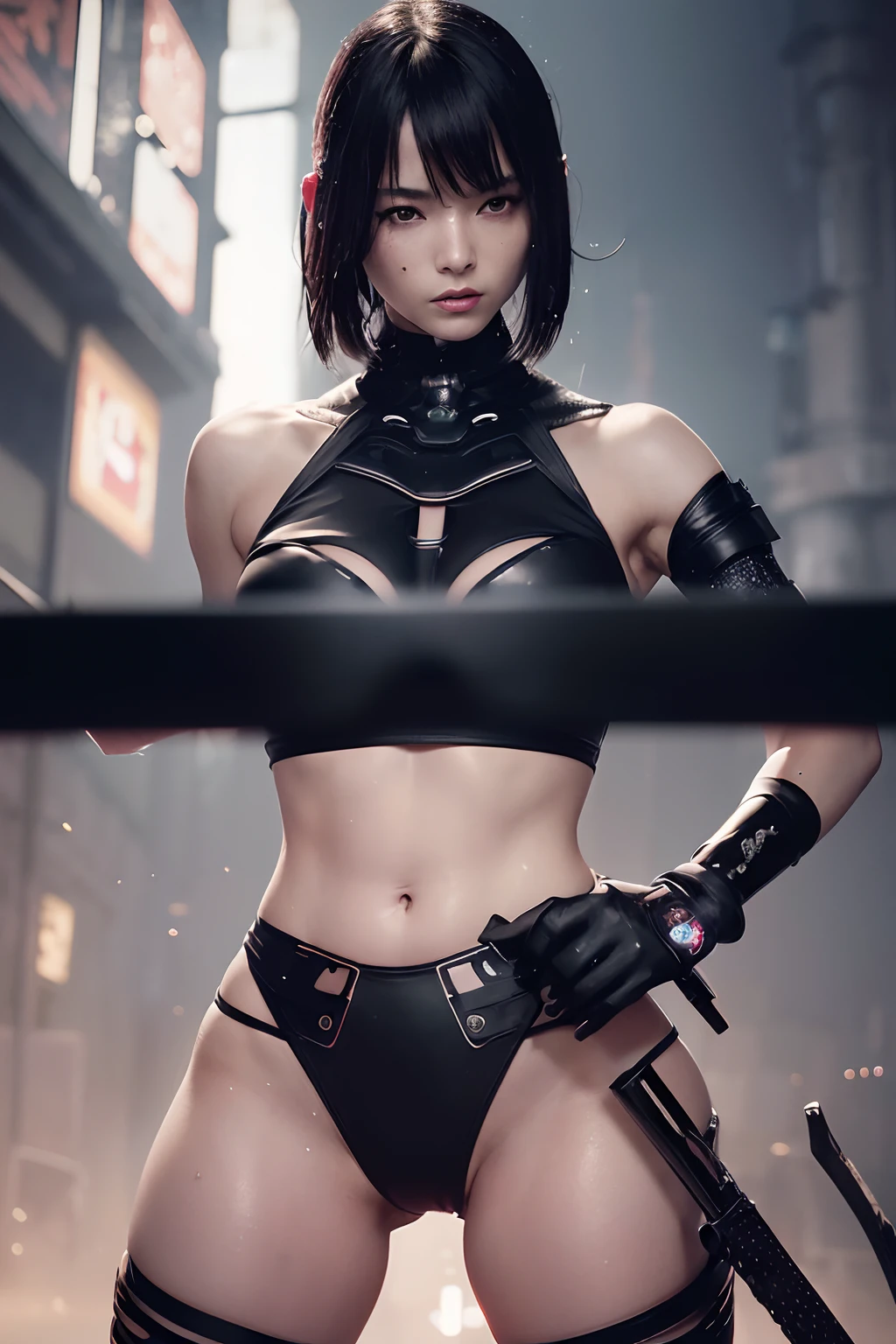 a futuristic female warrior holding a katana, (finely detailed skin), pale skin, (in a deep neckline highly detailed sexy futuristic cyberpunk black crop top and underpants made of circuit boards, japanese words with a flare effect, beautiful epic composition, futuristic, masterpiece, appealing, posing for a photo, action stance, wet clothes, wet hair, upper portrait