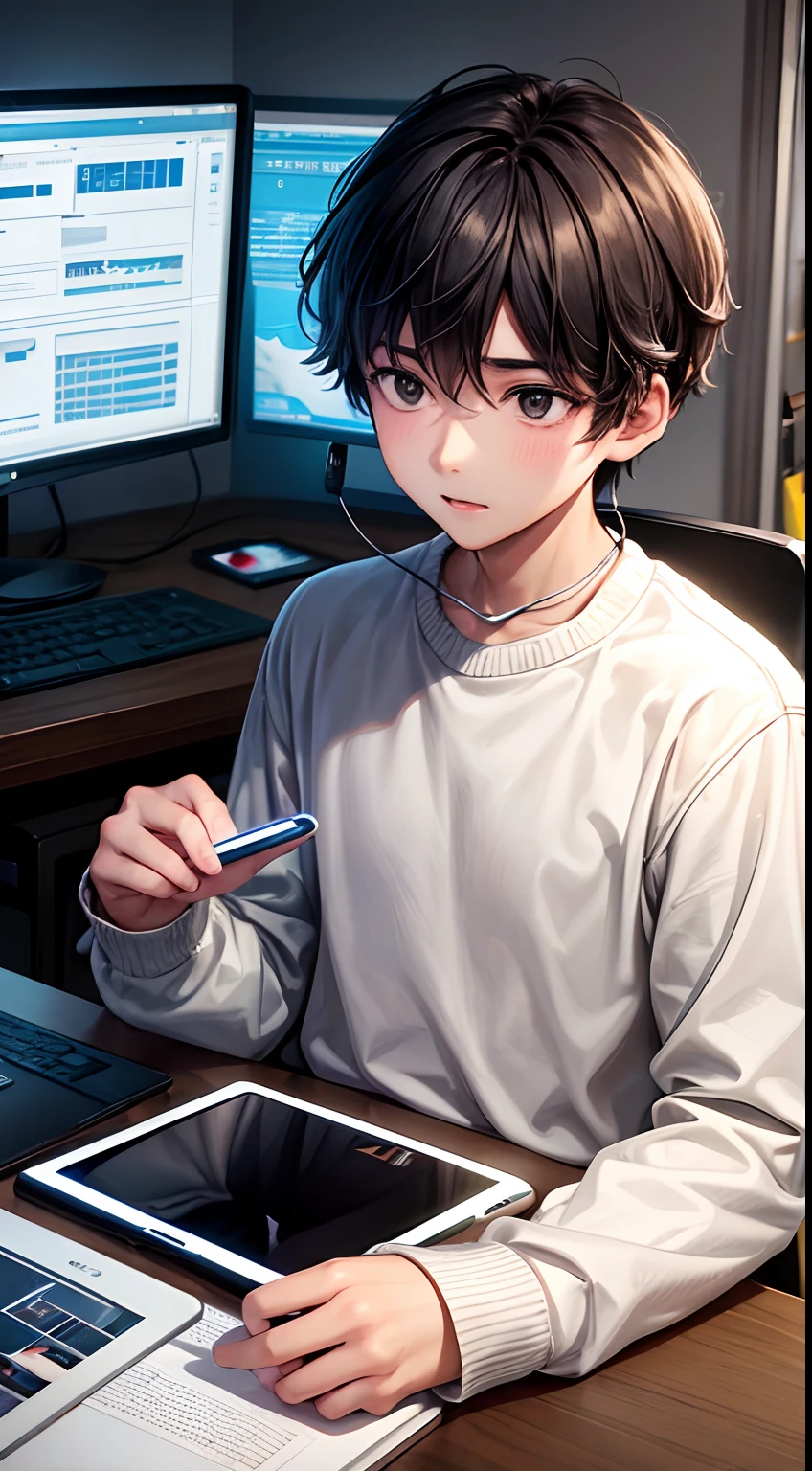 a boy who was a successful smartphone designer at a young ang a headset and wearing a sweater, in front of a tablet while working on an editing project in his studio.masterpiece,best quality .