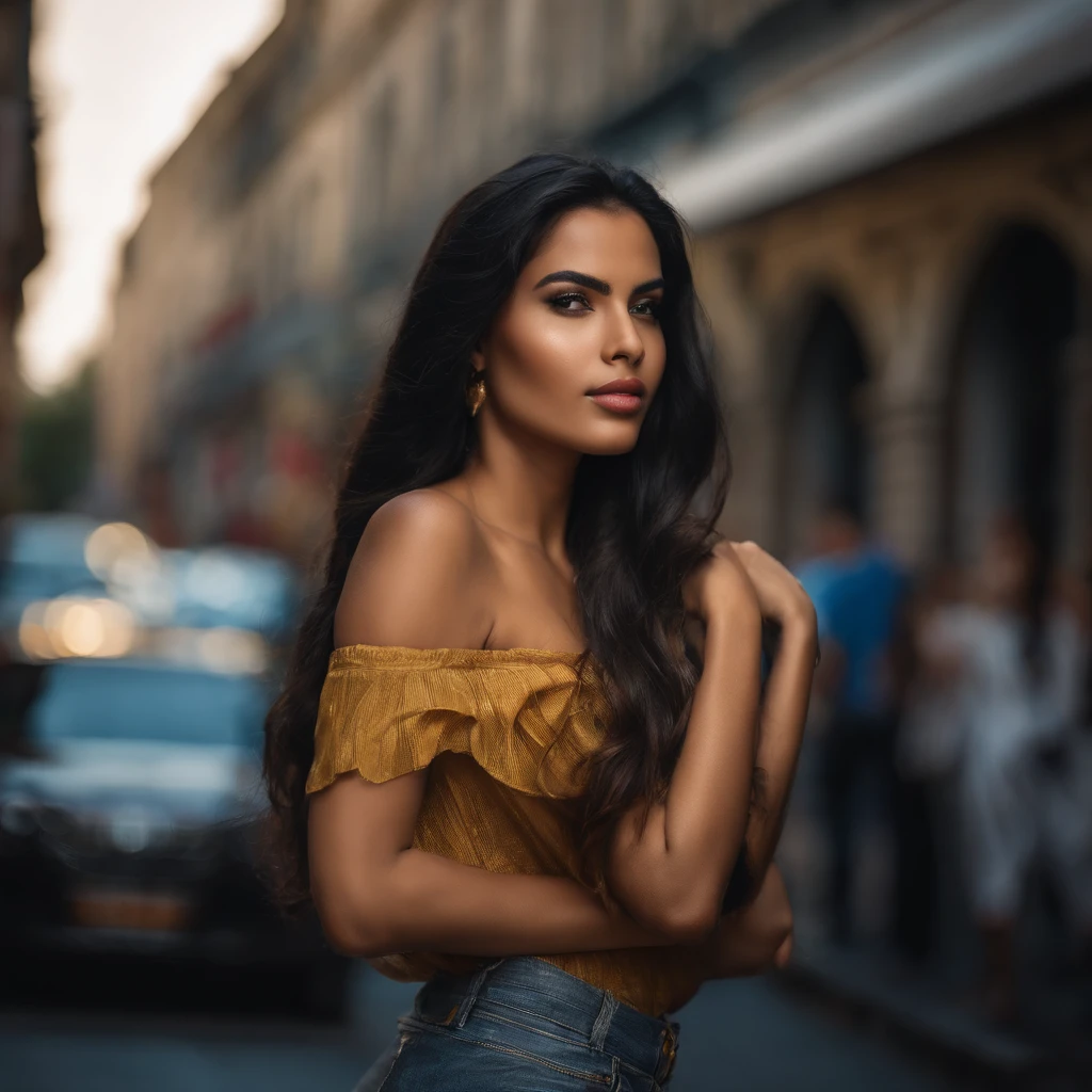 Photo of a stunning 22-year-old Latina, (RAW), with (long, straight black hair), medium-sized bust, ((portrait)), ((Detailed face: 1.2)), ((Elaborate facial features)), (Finely detailed skin), fair complexion, highly detailed leather shorts without a deep neckline and a yellow blouse, in the streets of São Paulo, (Cool tones), damp atmosphere, (masterpiece), (Perfect Proportion)(Realistic Photo)(top quality)(elaborate) Captured on a Canon EOS R5, 50mm Lens, F/2.8, HDR, (8k), (wallpaper), (cinematic lighting), (dramatic lighting), (Crisp Focus), (intricate), blowing a kiss, a very beautiful woman with style, looking joyfully at the sway of her sleek hair.
