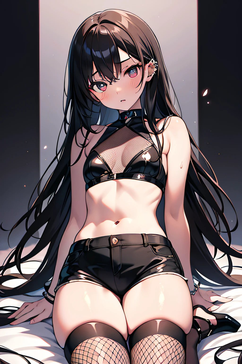 ((masterpiece)), (1 girl), (cute: 2.0), face extremely detailed, Charismatic expression, intense gaze, dark long hair, (thin build), Japanese girl, slightly round face, tanned brown face, healthy face, big eyes, shorts, thin thighs, (small chest), toned abs, Confident pose, piercing almond-shaped eyes, rich color palette, fishnet stockings, high heels,queen,sado