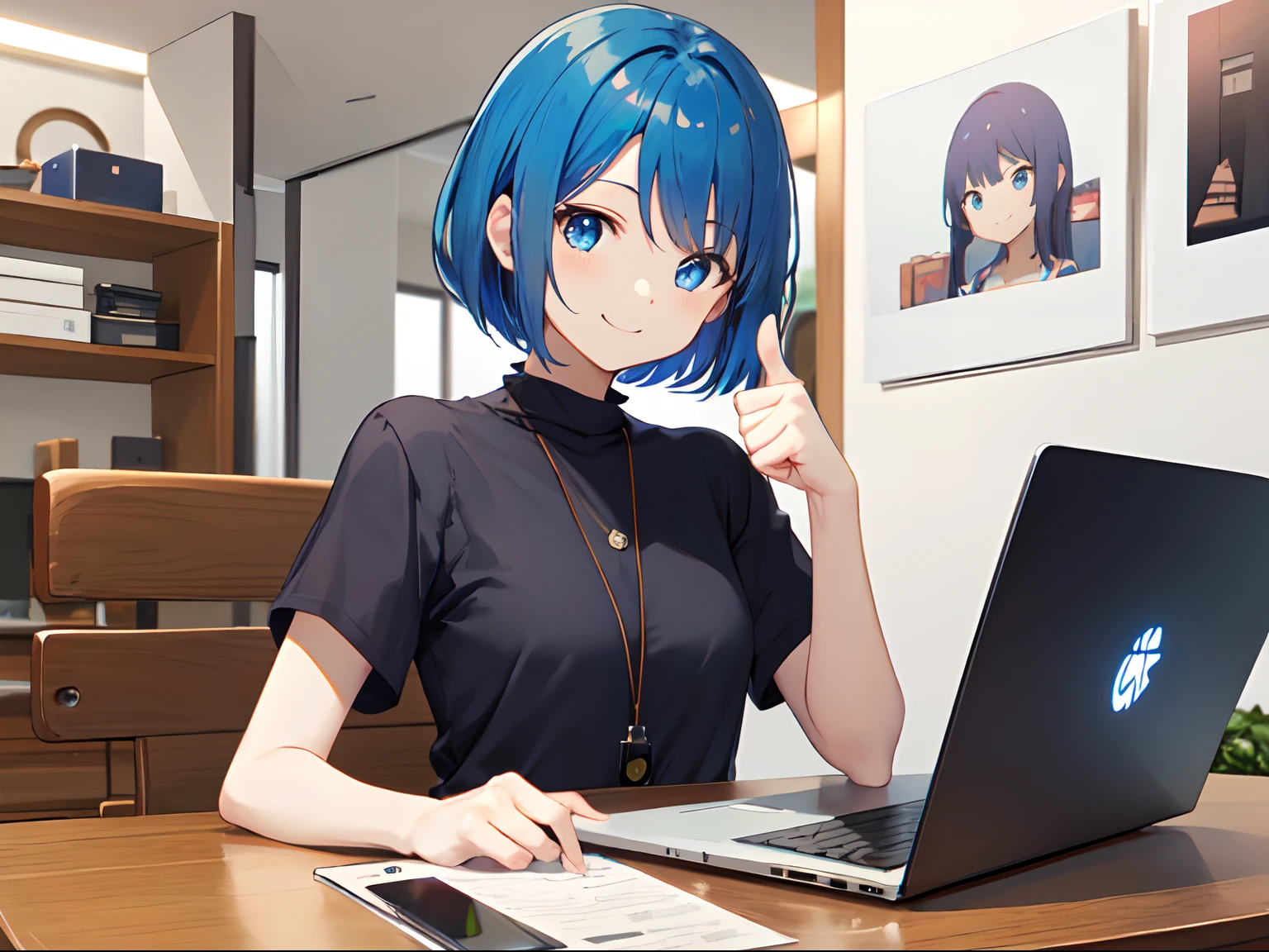 early evening、Indoor Coffee Stylish、Anime woman using laptop((Using a laptop on the table))、18year old、Upper body, mid-shot,Thumbs up、、 femele, Detailed eyes, ((Beautiful woman using laptop)), ,Short Bob Hair,Blue hair, Bangs,Everyday clothes、 Smiling smile、