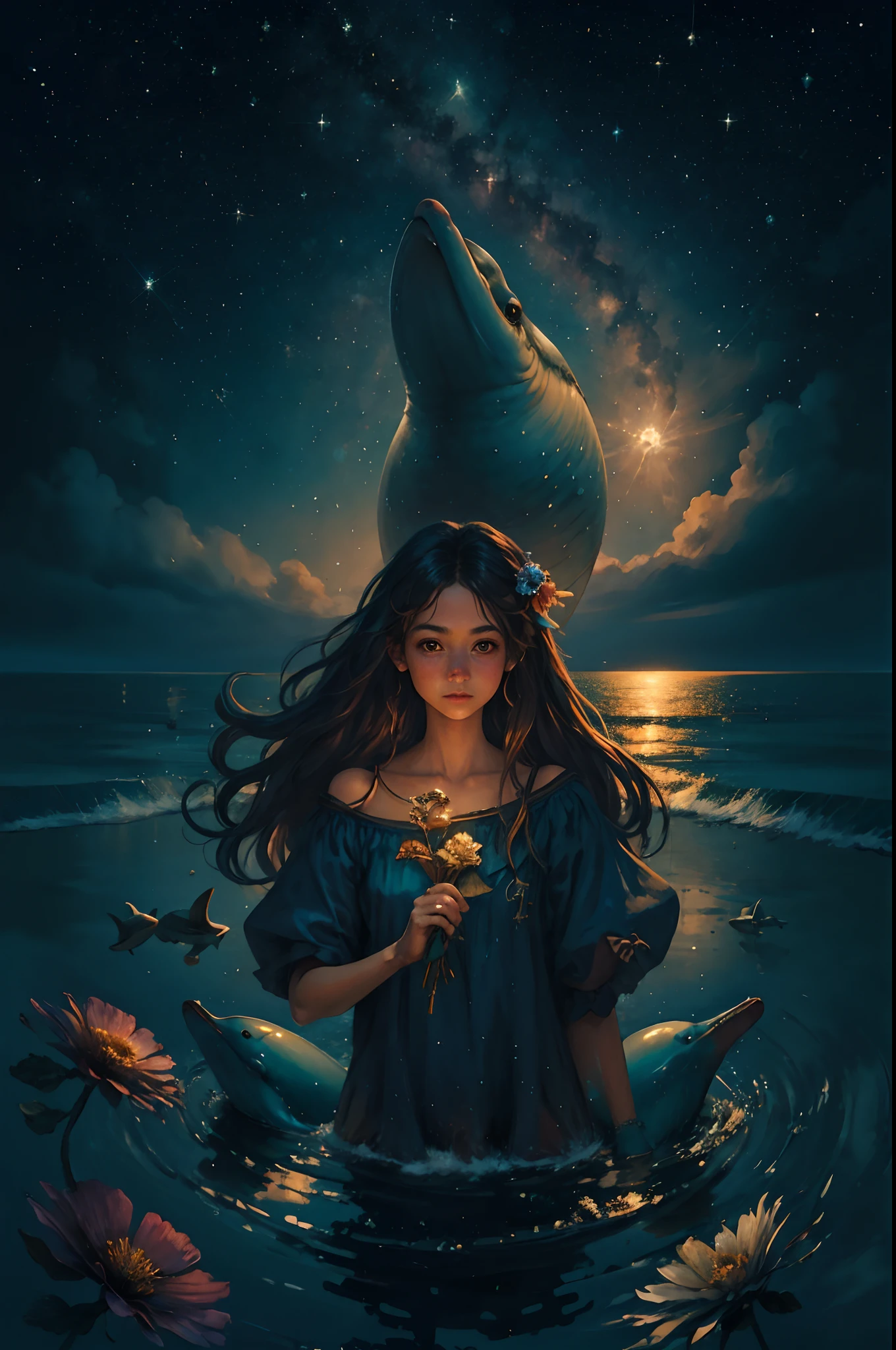 meio retrato, melhor qualidade, obra-prima, ultra alta res, (foto realista: 1.4), surrealismo, oniric,
1 menina, cabelo absurdamente longo, starly sky, noite, estrelas, flor,, ondas do mar, golfinhos, atmosfera misteriosa,