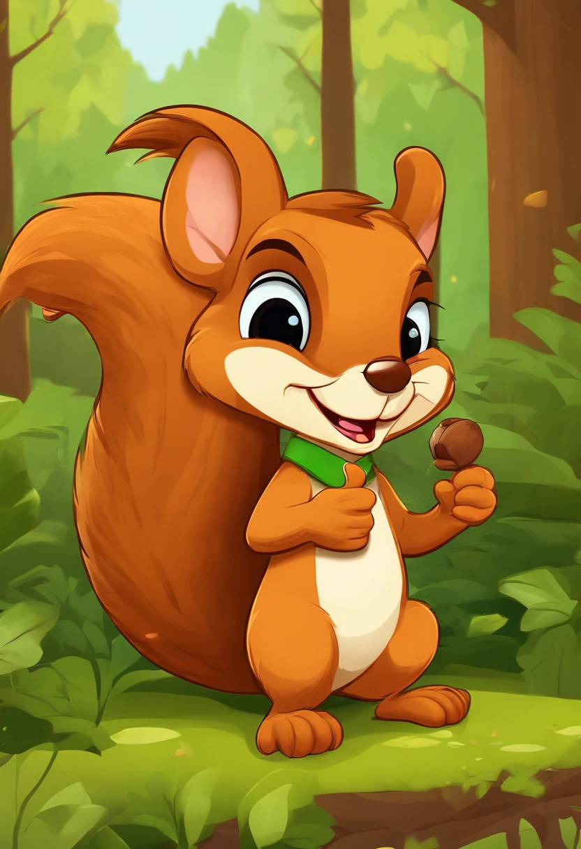 Cartoon Squirrel, Holding a nut , Gives a thumbs up, In the background is a dense forest, 1080x607, with талисман, Illustrations of the mascot, cute cartoon character, High School Mascot, Wear clothes