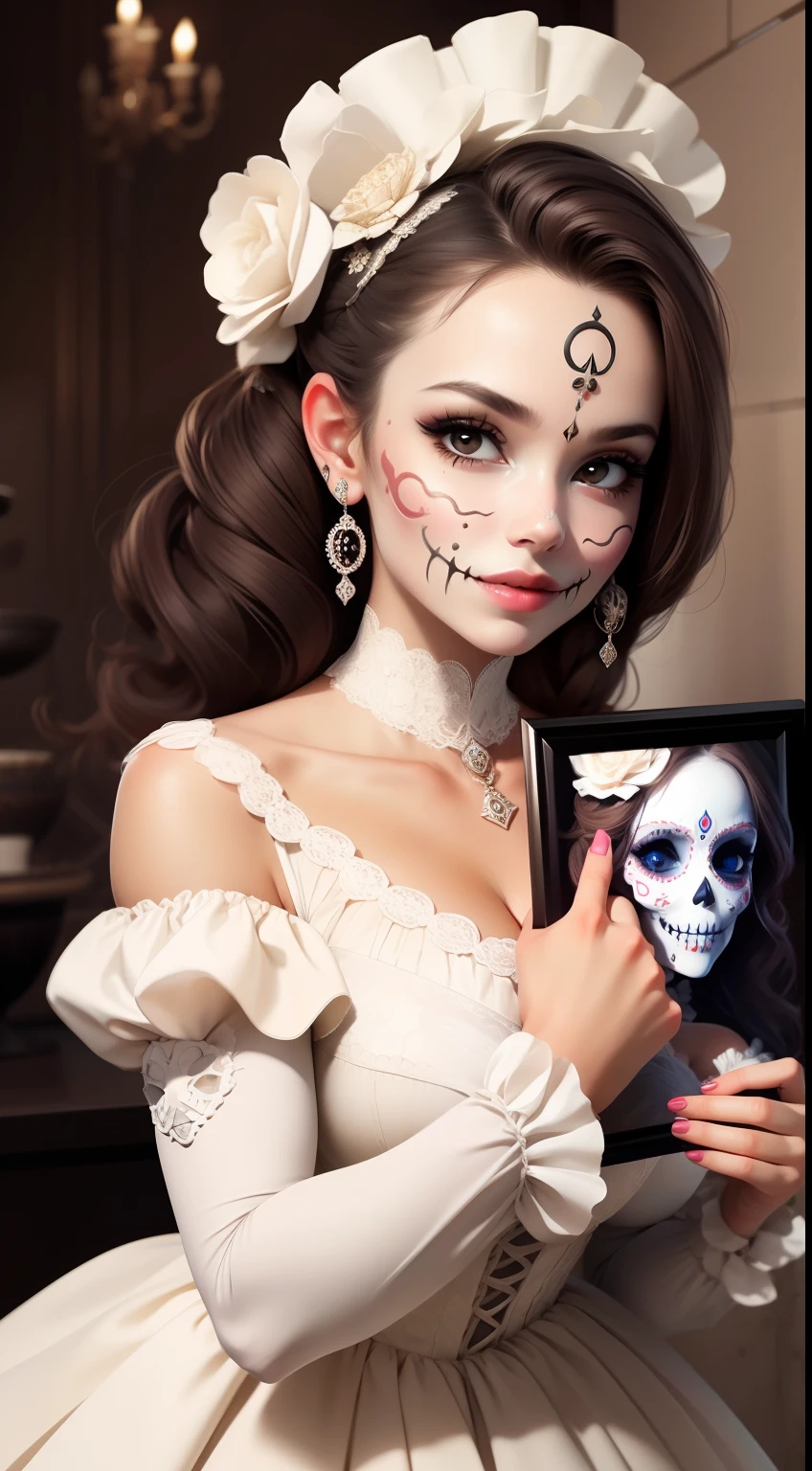 masterpiece, best quality, a girl smiling with sugar skull makeup, elegant victorian white dress, holding a picture