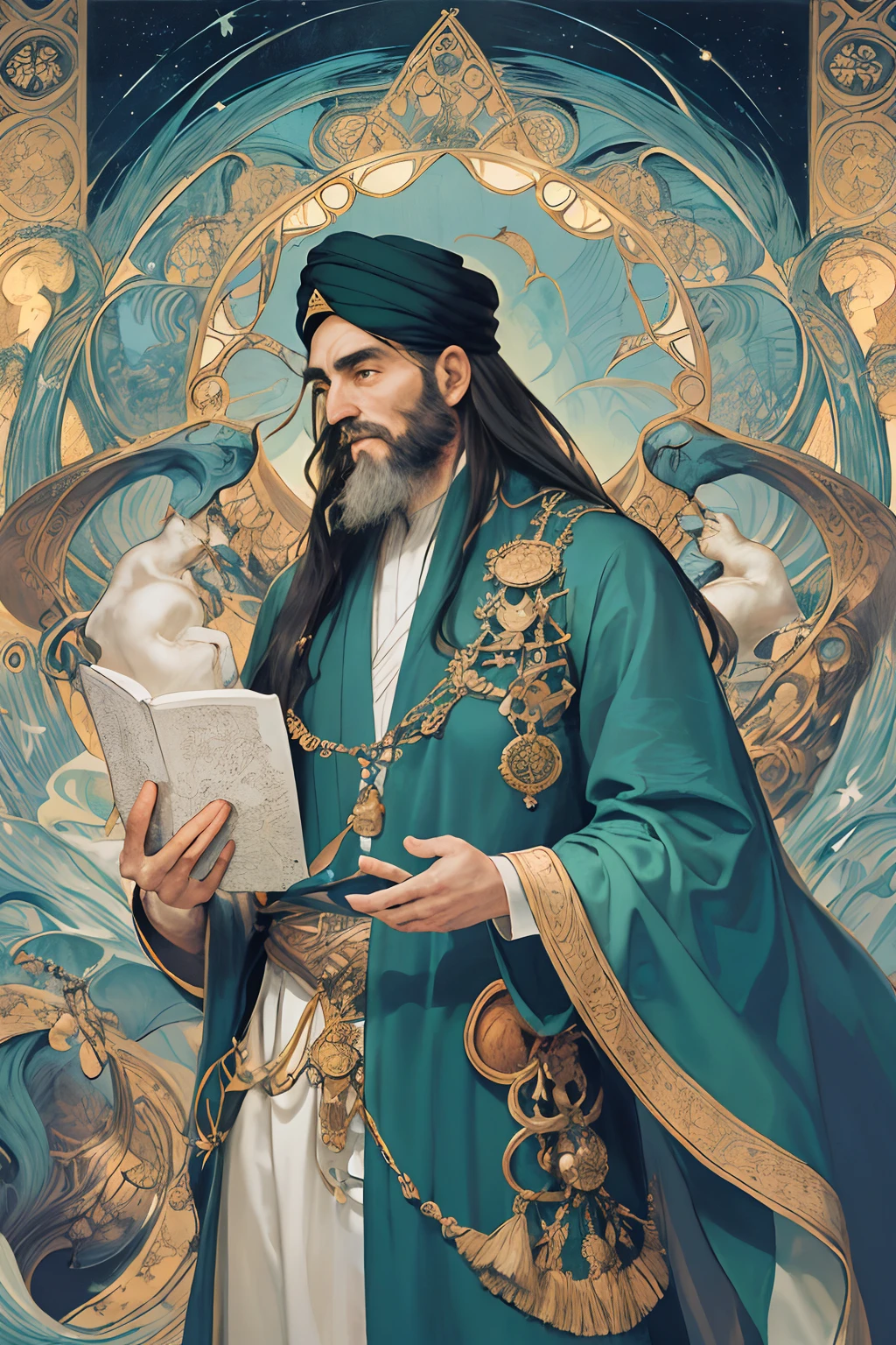 high quality, highly detailed, fantasy, At the forefront of this enchanting scene stands a fantastical old man imam khomeini the iranian leader, with long hair and beard, wear long green arabian dress, looking to sky, the scene in full of islamic and arabian symbols, holy quran in his hand, a harmonious fusion of the whimsical beings imagined by Hieronymus Bosch and the organic fluidity found in Alphonse Mucha's art nouveau lines, This man becomes a captivating focal point, embodying the essence of surreal enchantment and organic elegance, Adding an otherworldly touch, elements inspired by H.R. Giger's biomechanical aesthetic seamlessly integrate into the cosmic tableau, by yukisakura, awesome full color,