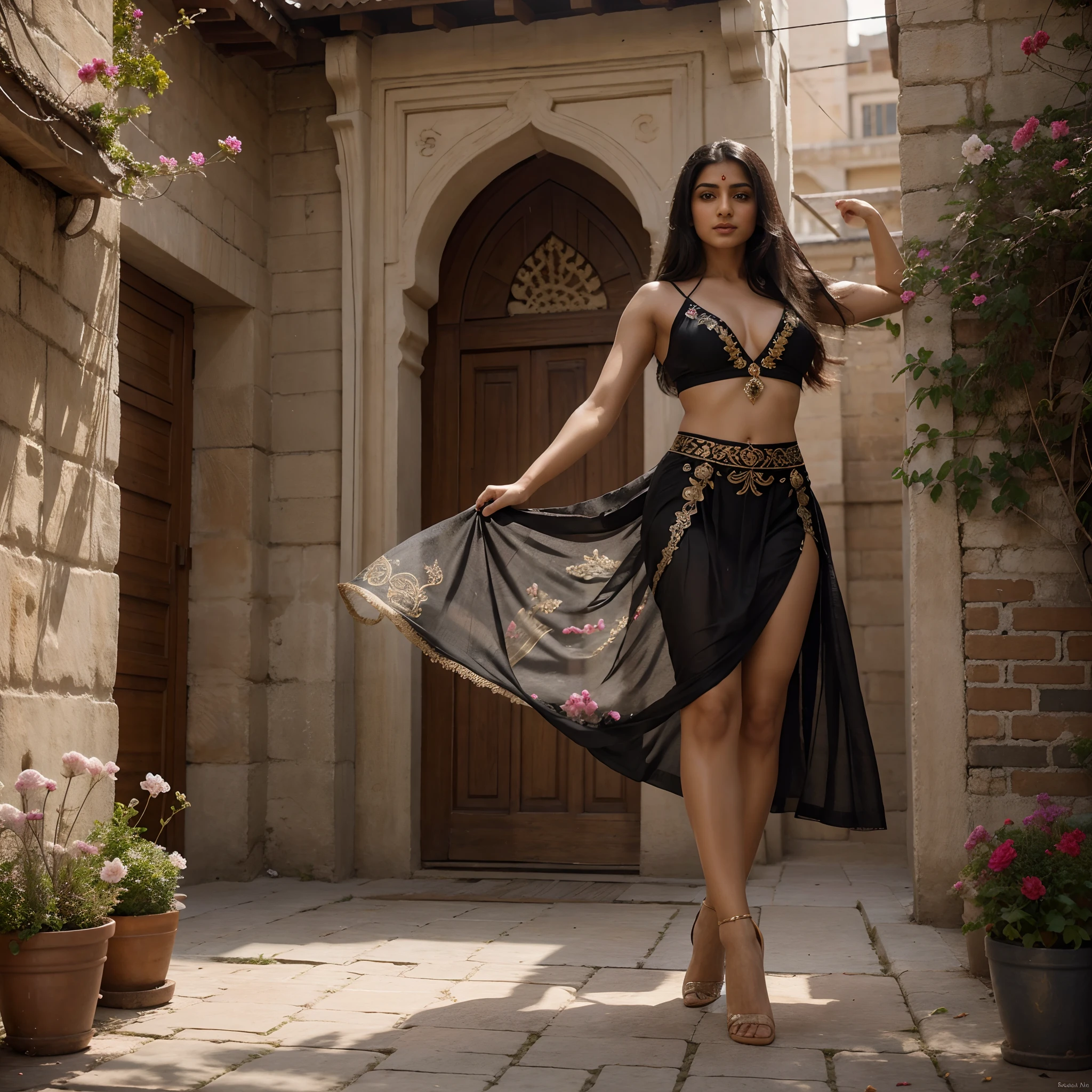 Female Radhika Sethi exceptionally gorgeous beautiful female dancer, Persian dancer flowing long black hair and strong Persian features, muscular, fit, athletic, abs, exquisite silk elaborate dress, silk scarf, embroidered skirts, dancing in courtyard with flowers, dynamic pose, sunlight, twilight, extremely detailed, staring into camera with small smile, realistic, photo quality, 4k 8k 16k 32k 64k